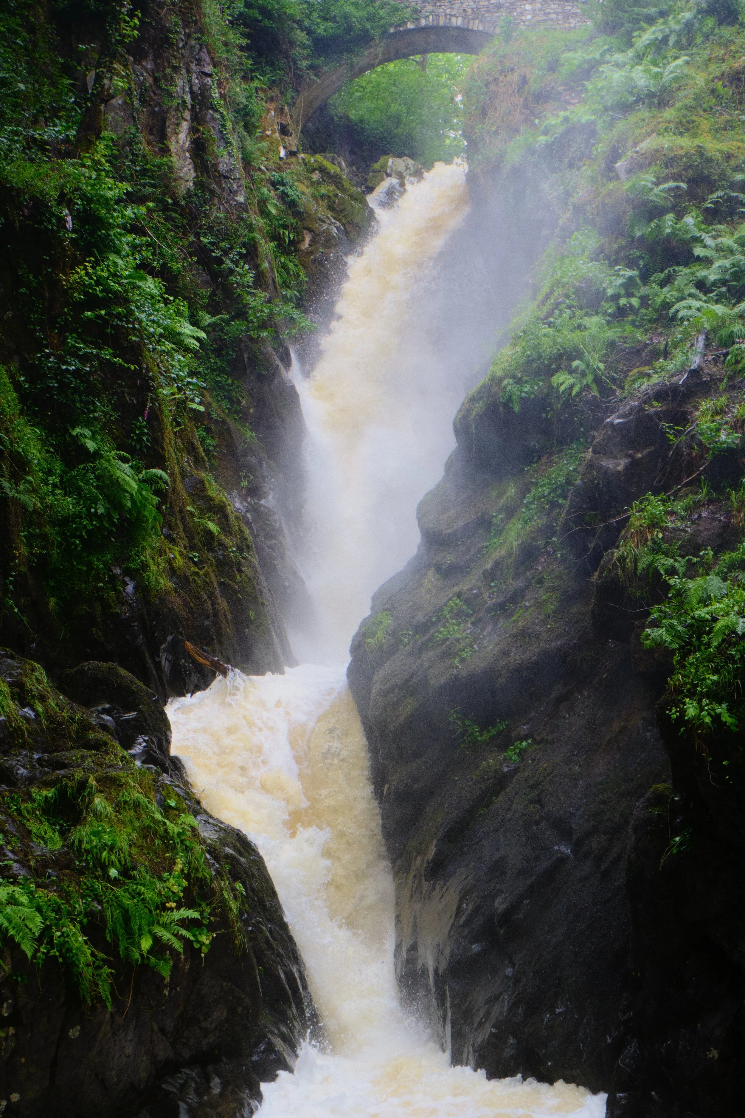 Aira Force, in full spate after a weekend of heavy rain. The waterfall is probably one of the Lake District’s most famous, dropping 70ft in two parts with a picturesque packhorse bridge arching above it.