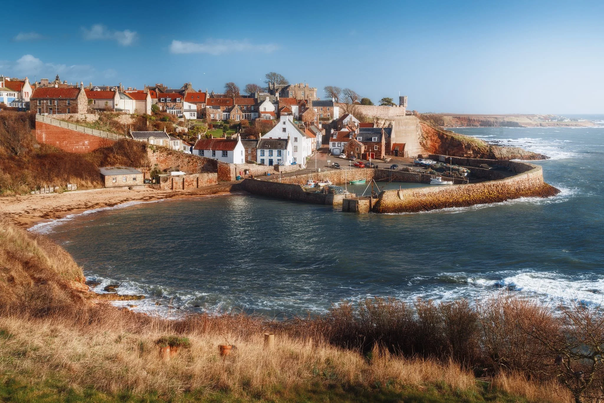  Finally, the approach to the picturesque Crail and its harbour. You&rsquo;ll commonly see along the eastern coasts of Scotland and England that houses here are typically roofed with pantiles. These are a type of fired roof tile, normally made from clay, and characteristically S-shaped.  