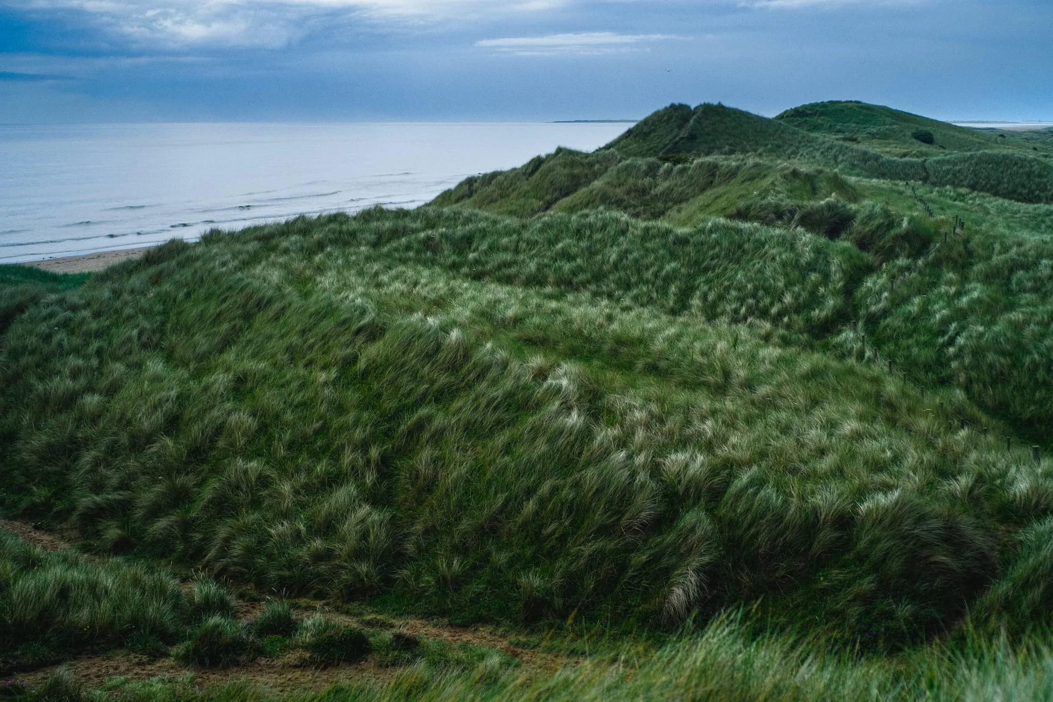  Access to Cheswick Sands involves clambering up and down the soft sands of Cheswick&rsquo;s dunes. From the top of one, I made this composition of the undulating dunes, the North Sea, and the dark storm in the distance. 