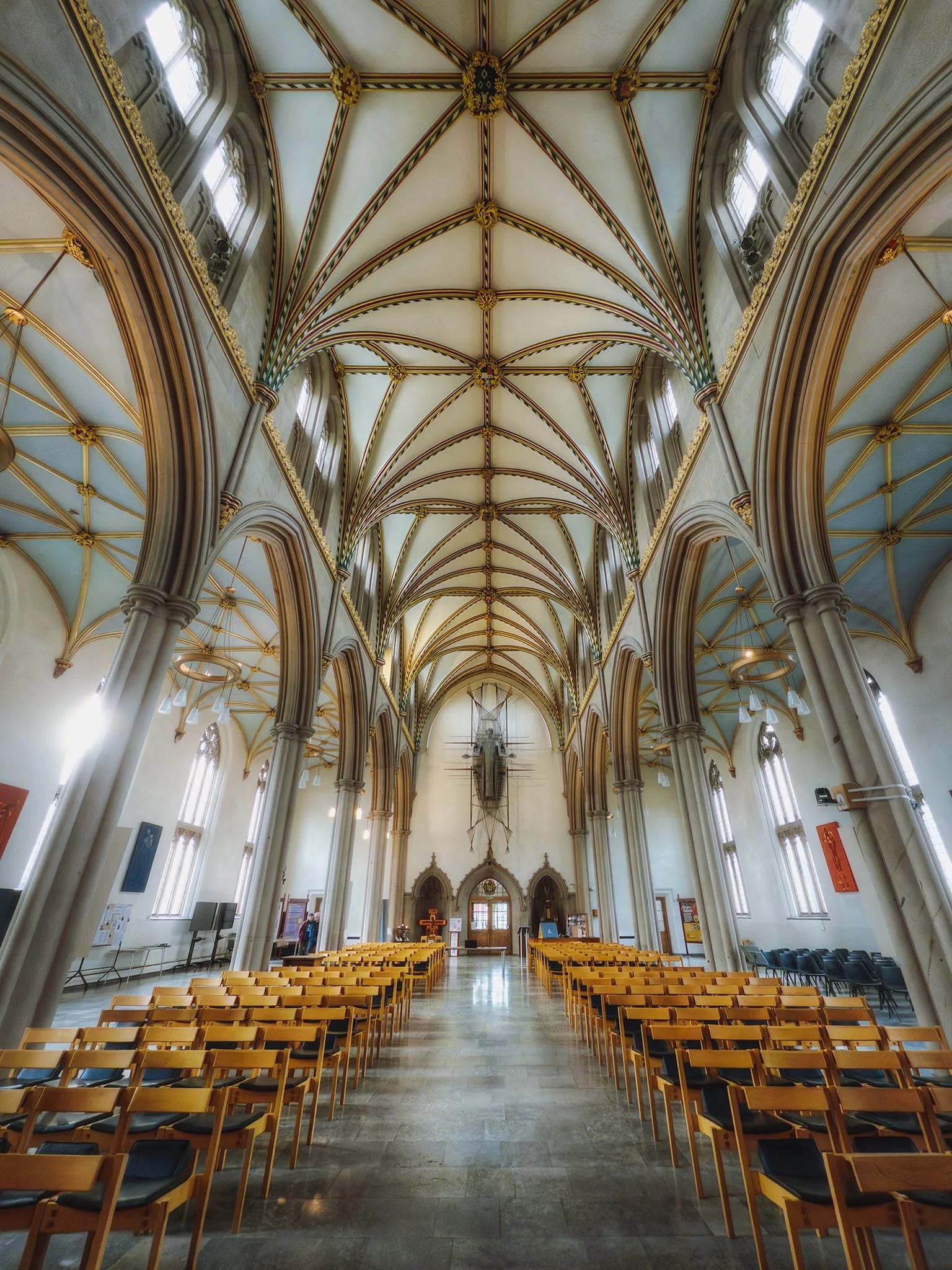 The impressive nave, look west. Designed by architect John Palmer in 1826, the nave’s ceiling was cleaned and repainted during the completion scheme of the 1960s.