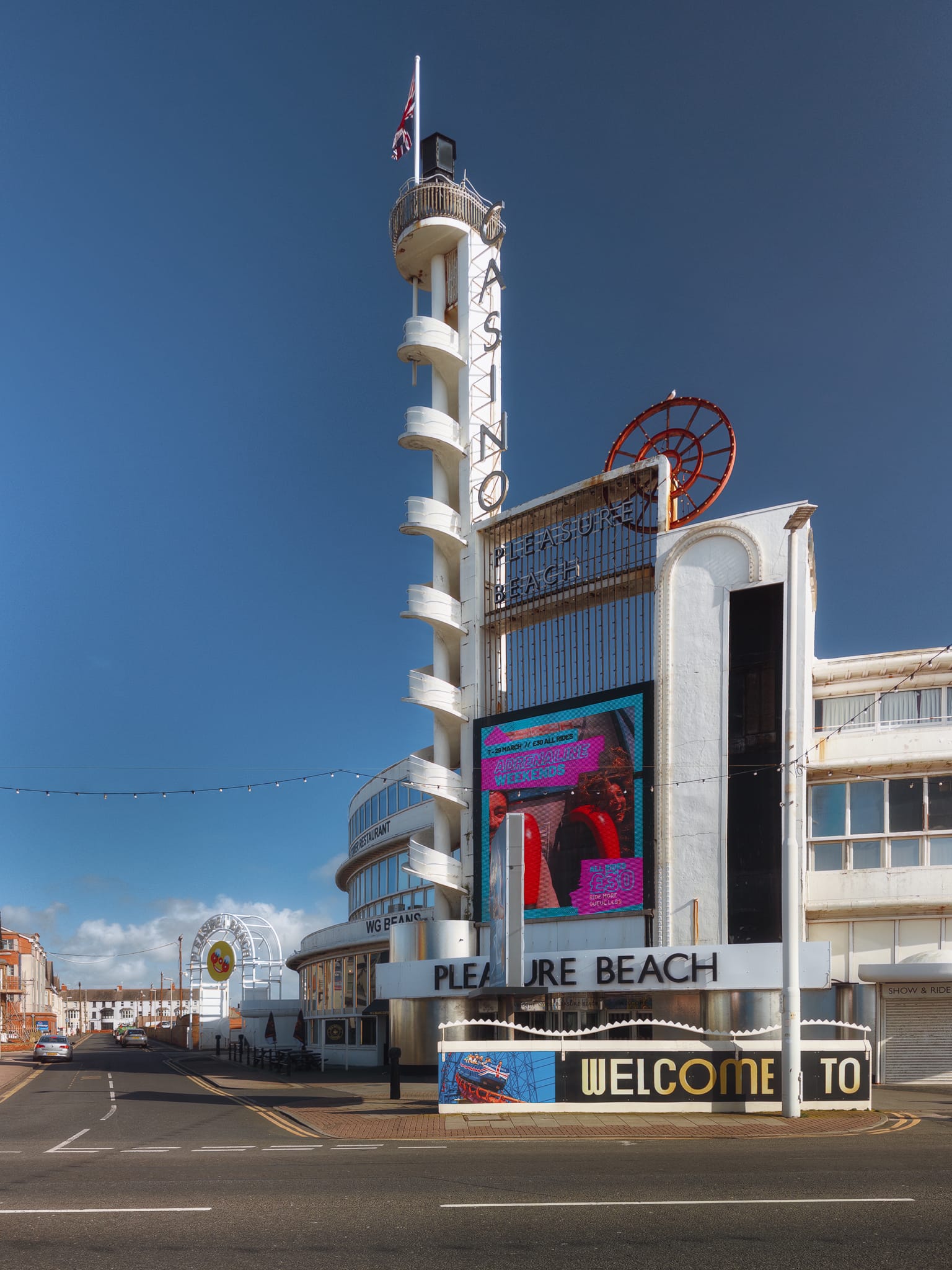 The Casino Building, which serves as the main entrance to Blackpool’s Pleasure Beach area. A 1913 building with an “oriental” theme stood at this site until it was demolished and made way for this Art Deco beauty in 1938. Despite the name, both the previous building and this one have never been used for gambling.
