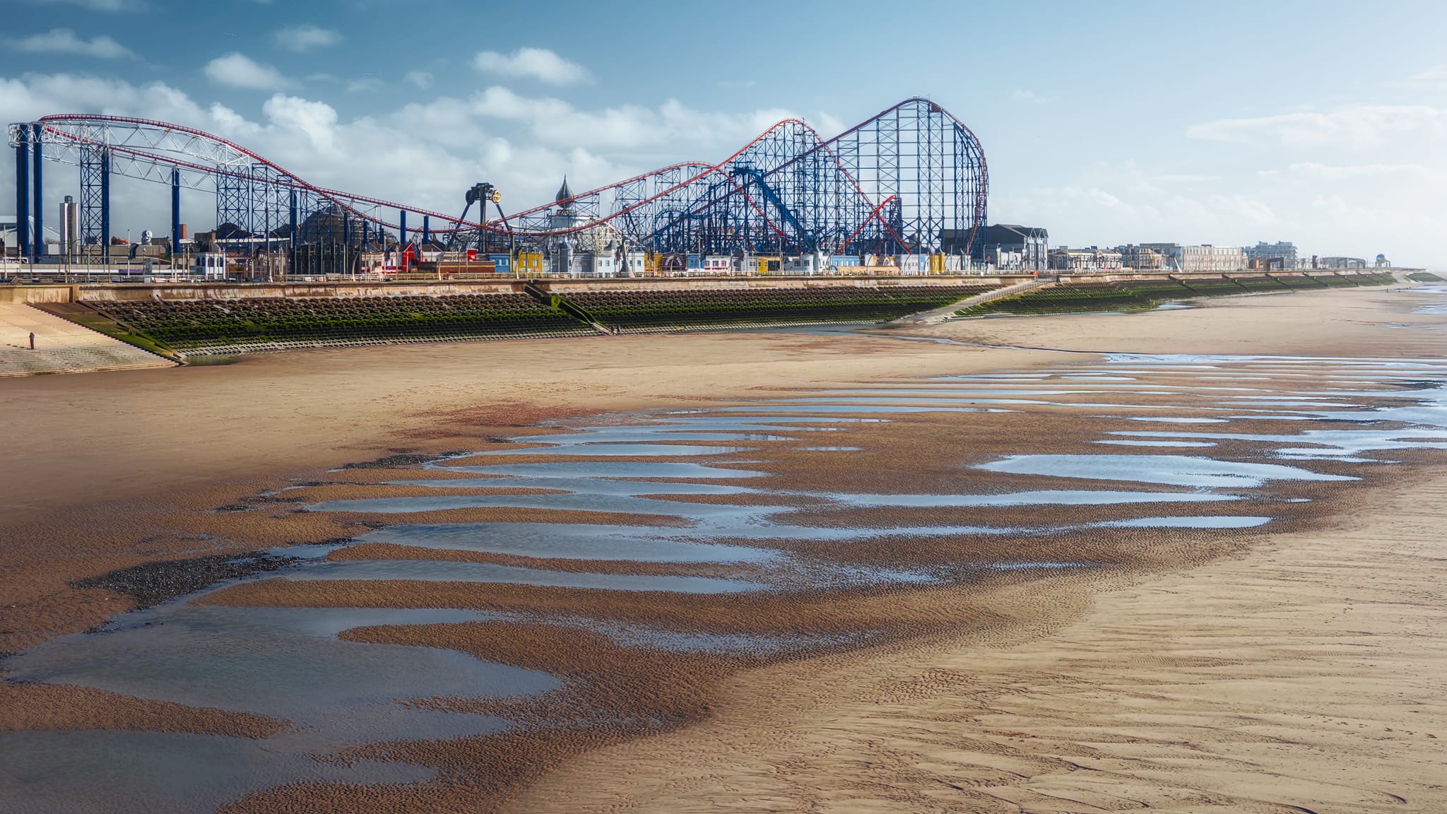 From the tip of the South Pier, looking all the way across the beach back to The Big One. Blackpool in all its glory.