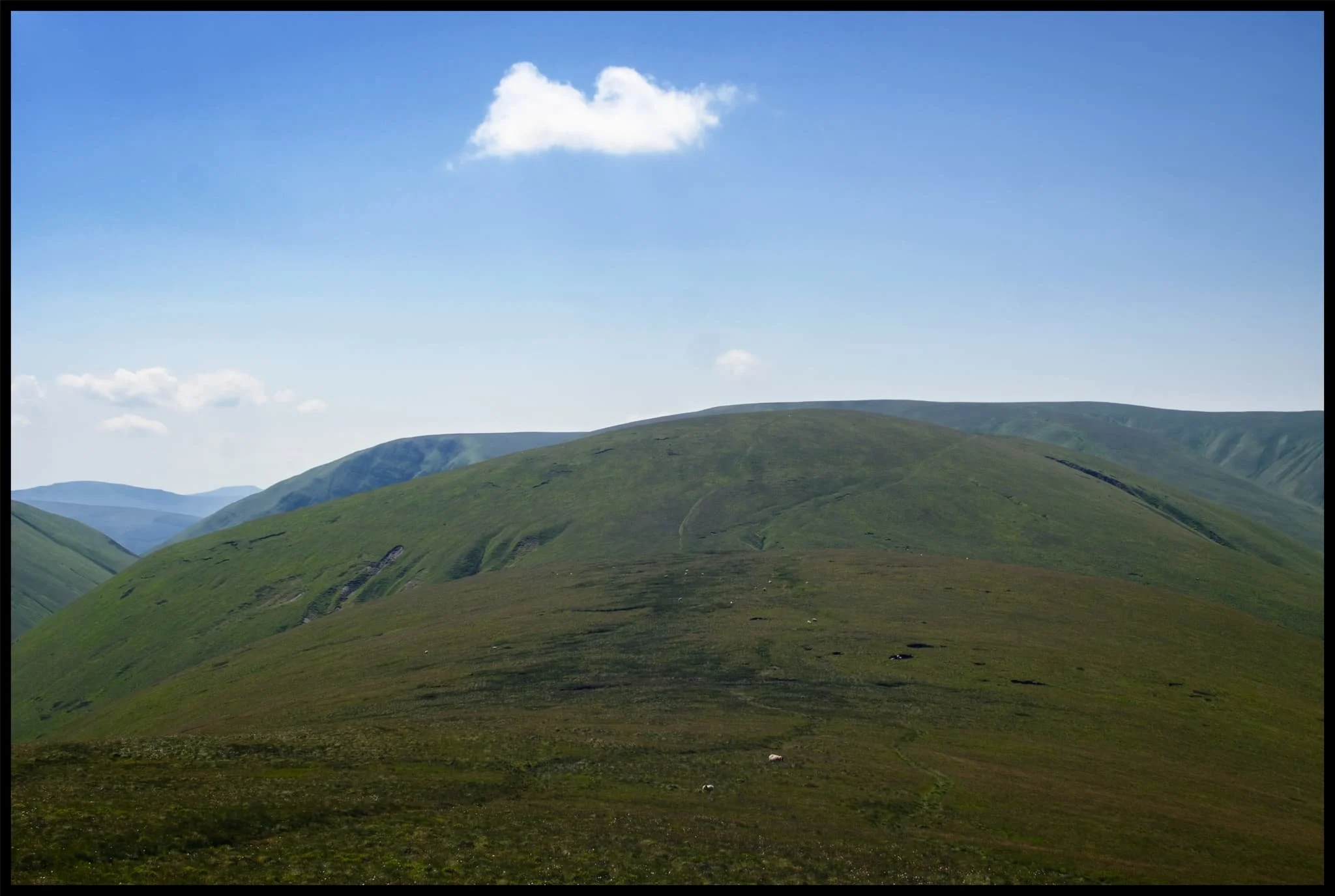  The trail drops off West Fell and carries on towards Hazelgill Knott (578 m/1,896 ft) and beyond to the rest of the Howgills. That would be for another day. It was getting awfully hot. 
