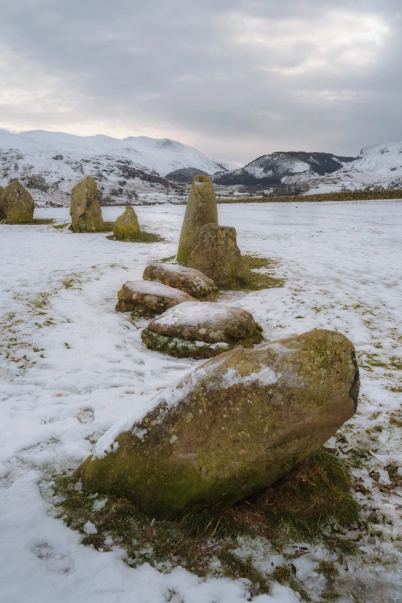 Looking south from the stone circle towards the Helvellyn and Thirlmere fells. Castlerigg stone circle was probably constructed around 3200 BCE, making it roughly 5,000-years old.
