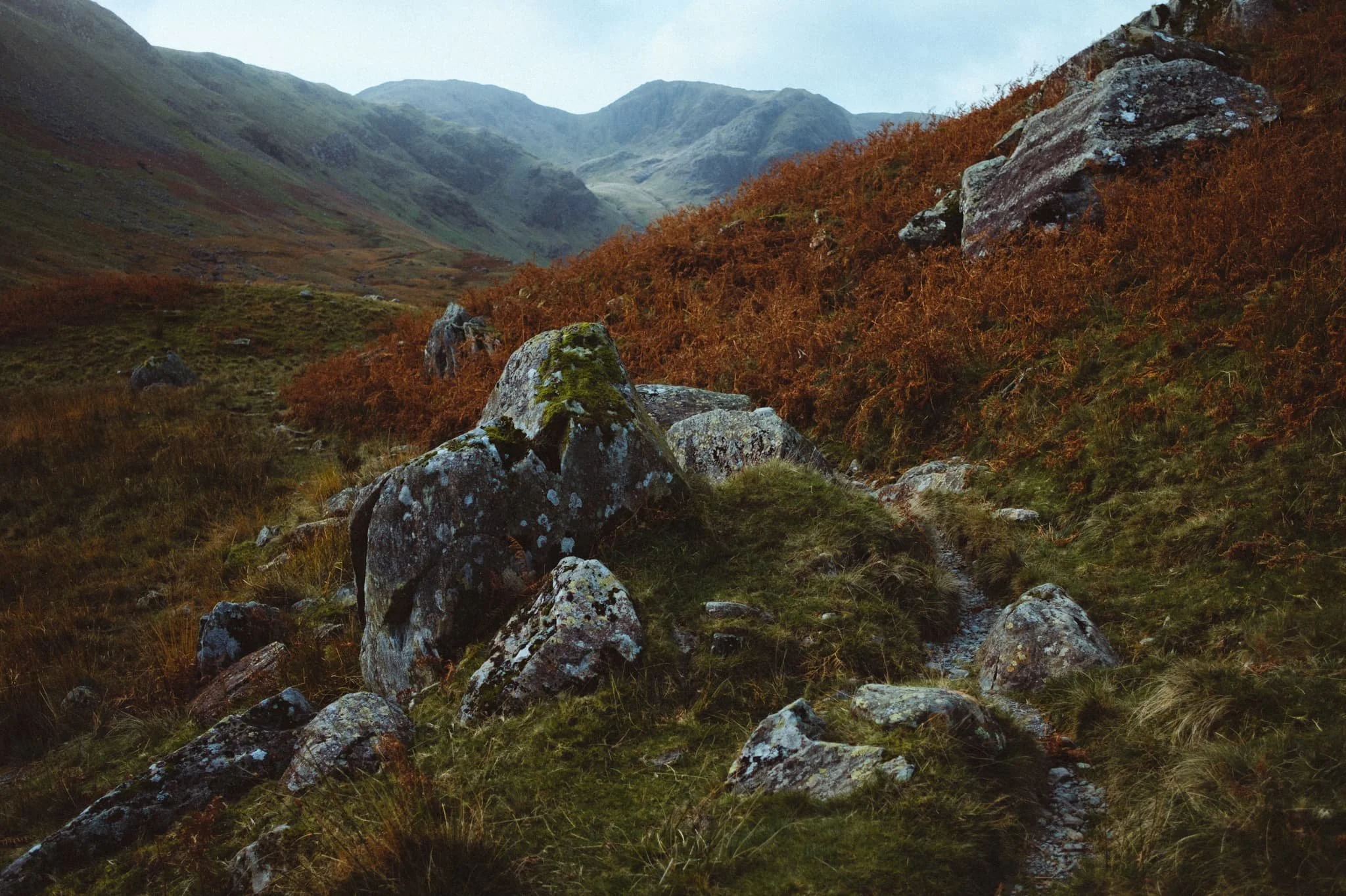  A clump of boulders blocking the trail provided a lovely scene with Greenhow End in the distance. 