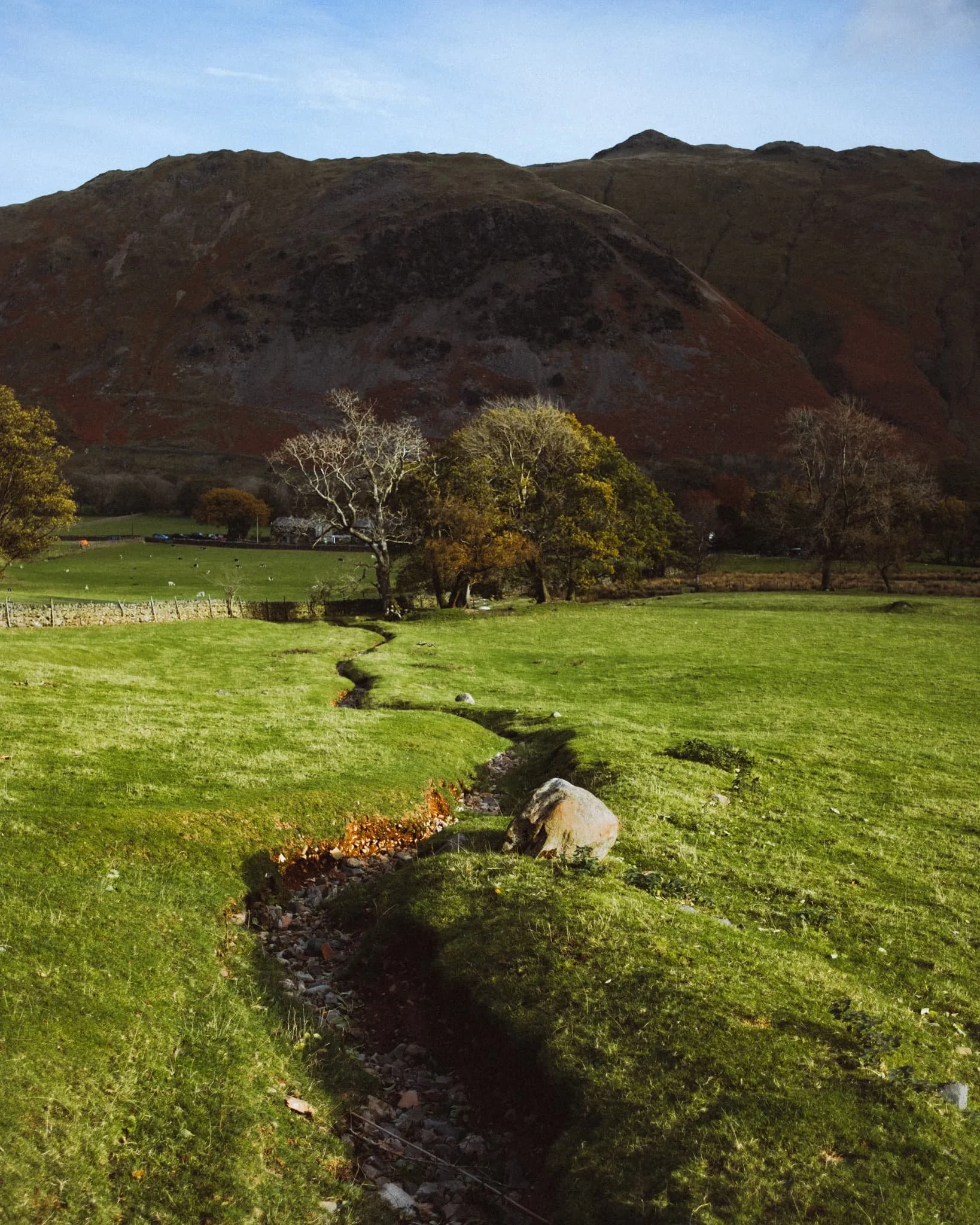  Sunlight bathes this field in warm light, leaving the fell in relative darkness. A circumstance of light and lines that I couldn&rsquo;t ignore. 