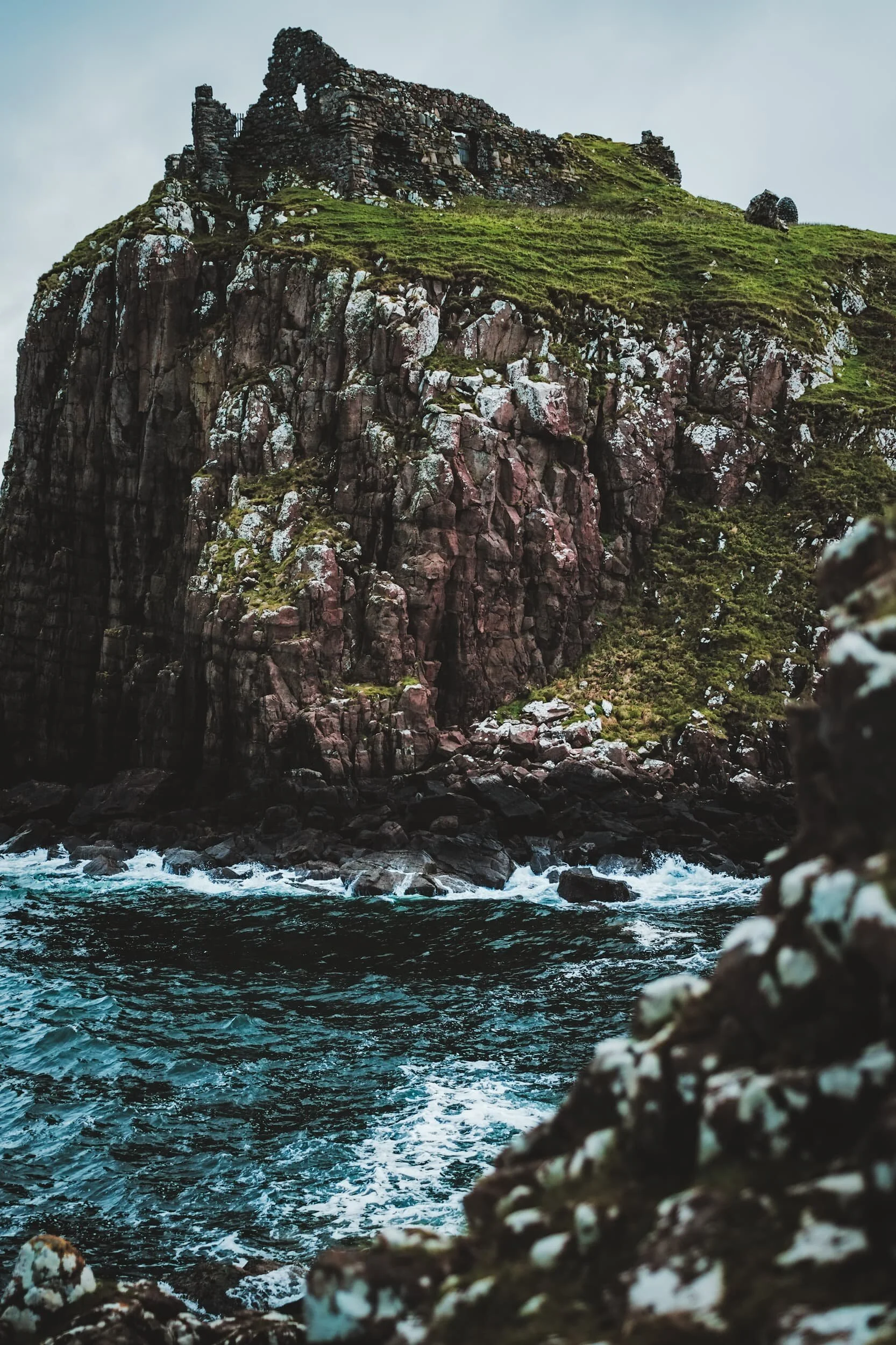 Duntulm Castle, perched on a promontory of basalt rock and easily defendable on all sides.