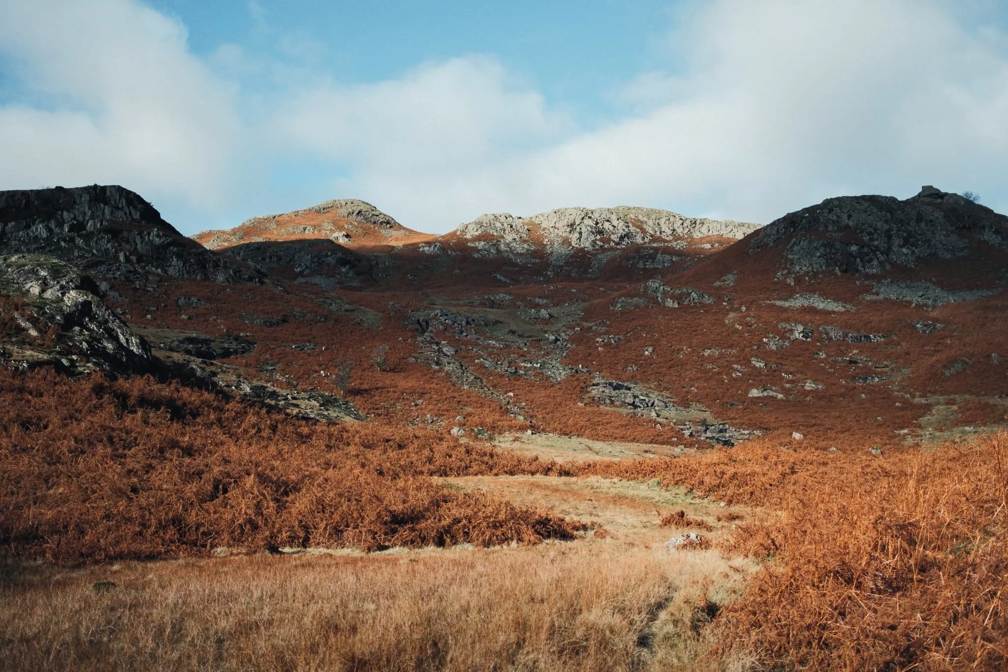  One or two clouds joined us on our hike, casting their shadows across Cockly Crag and Greathead Crag. 