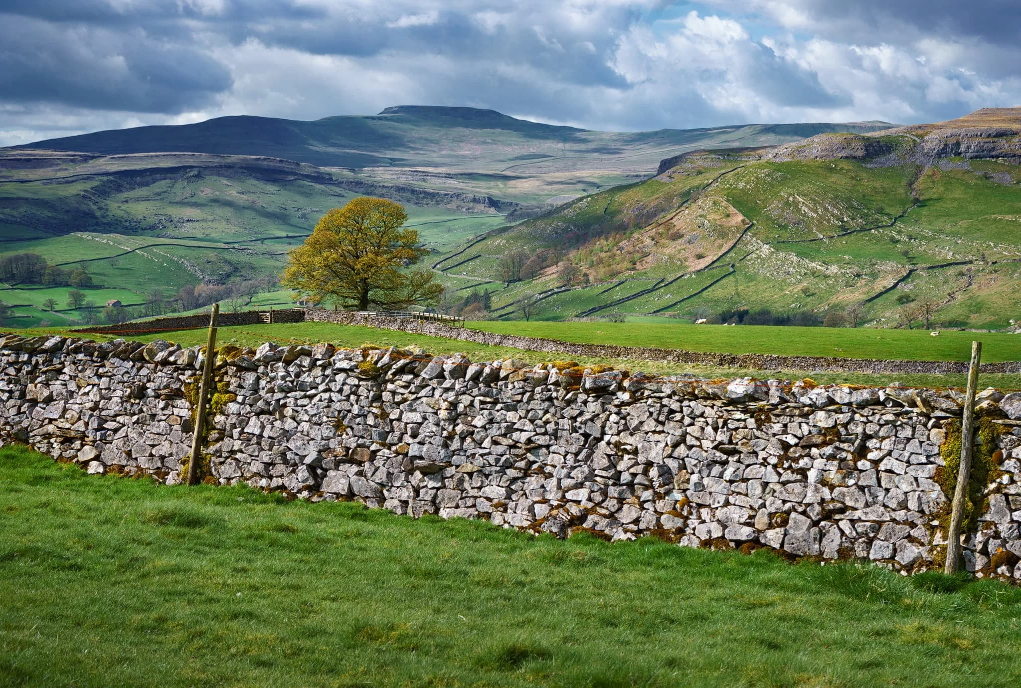 Back down the back of Pott Scar, drafting clouds cast dancing shadows across Moughton Scar and the back of mighty Ingleborough, another one of the Three Peaks of the Yorkshire Dales.