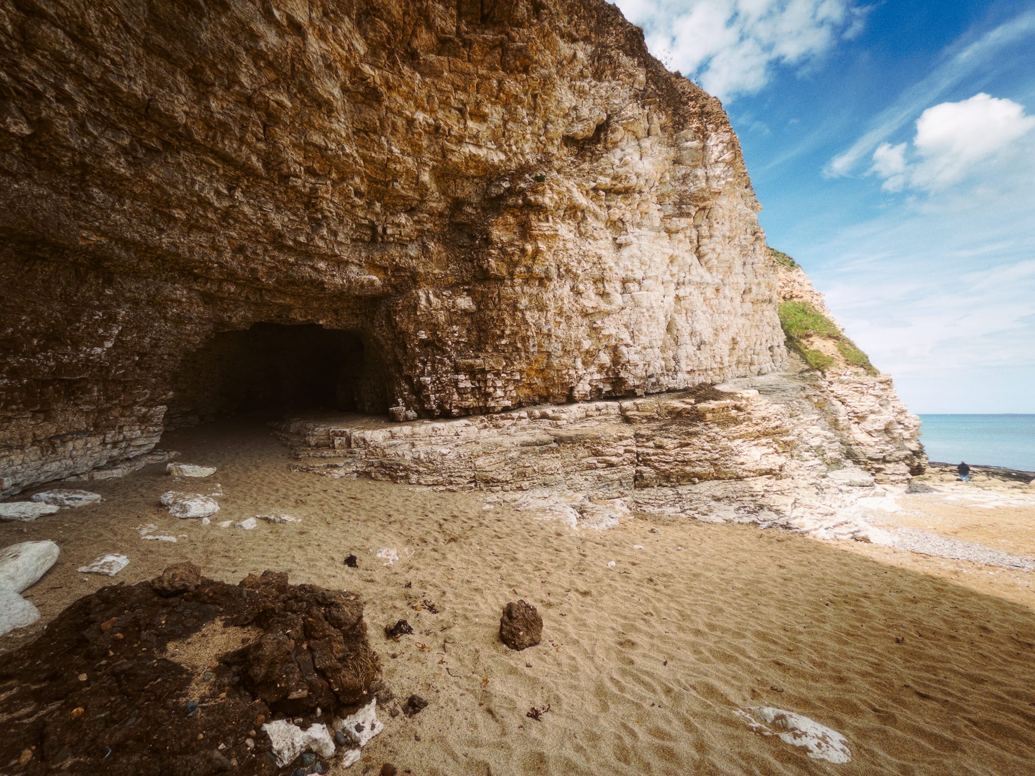 One of many caves along the western cliffs of North Landing. Rather than solutional caves like you get in the Yorkshire Dales, these are formed by the North Sea relentlessly exploiting existing fractures and weaknesses within the chalk formations.