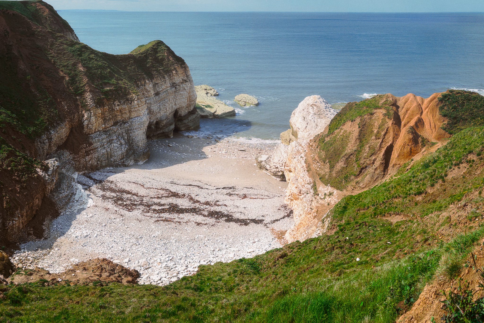 Little Thornwick Bay from directly above. This photo is a panorama of three vertical 100mm shots, left to right, then stitched together in Lightroom.