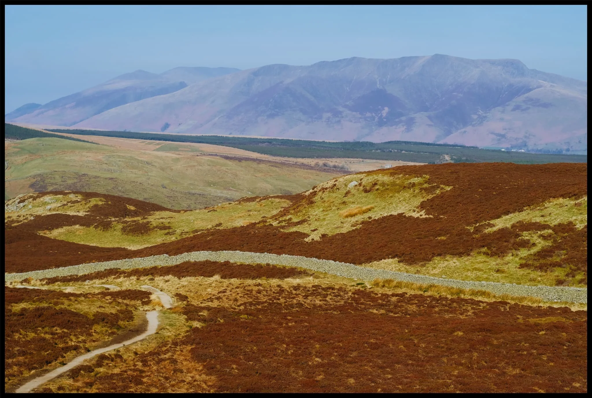  I snapped on me 55mm lens for some tighter, zoomed in compositions. From the summit of Gowbarrow Fell and clear view towards Blencathra (868 m/2,848 ft) above Keswick can be appreciated. 