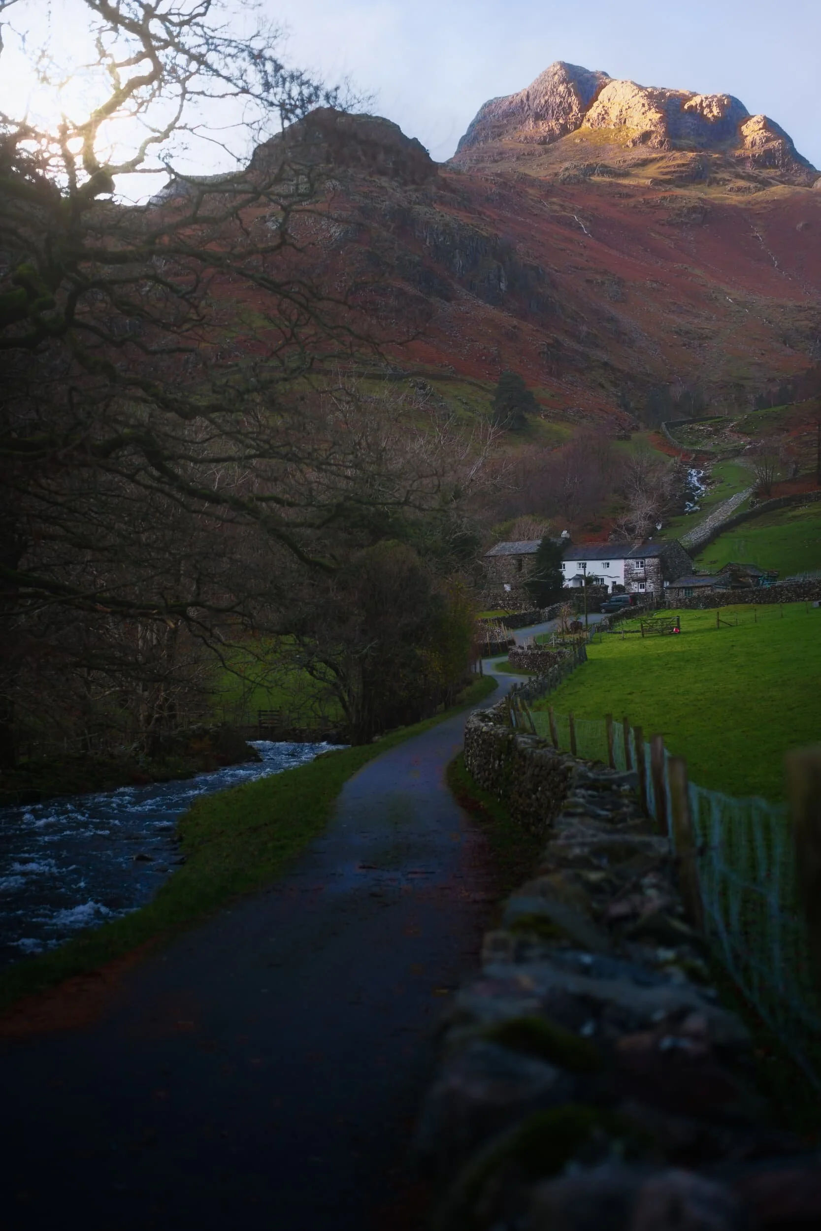 The trail closed in on Great Langdale Beck and provided me with a lovely leading line towards the glowing tips of the Langdale Pikes.