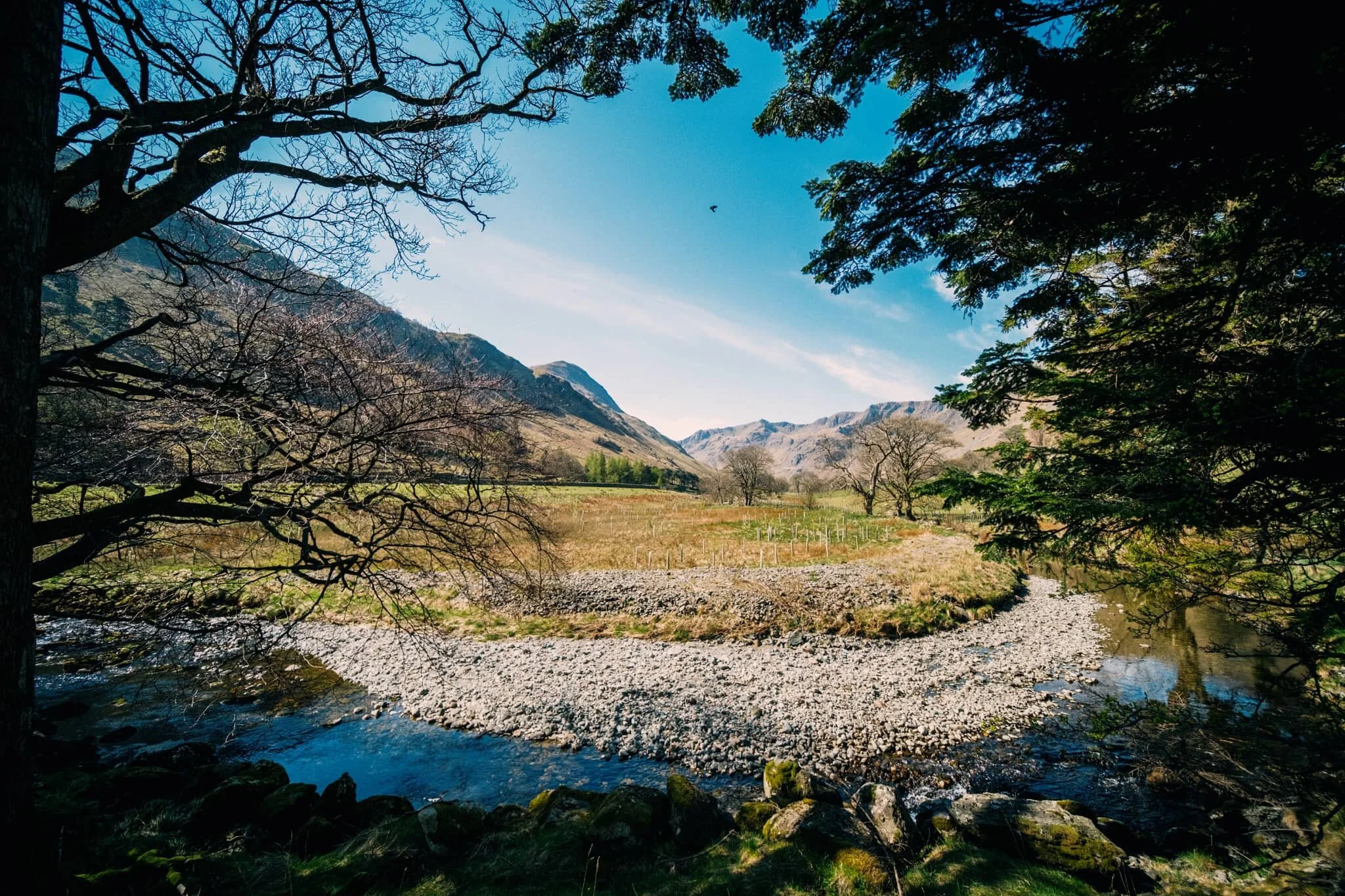  Back at the valley bottom, near Waterfall Woods, I attach my 9mm ultra wide lens to use the trees as a frame for this scene. 