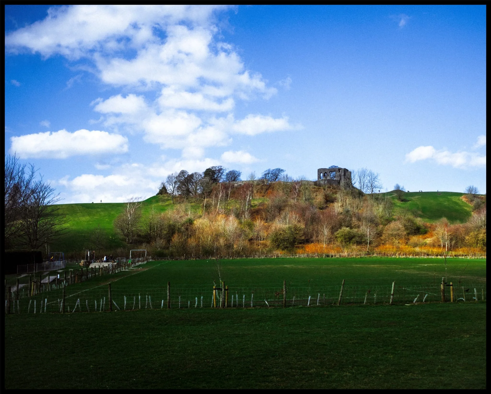  The ruins of  Kendal Castle  above the football fields and cricket pitches. 