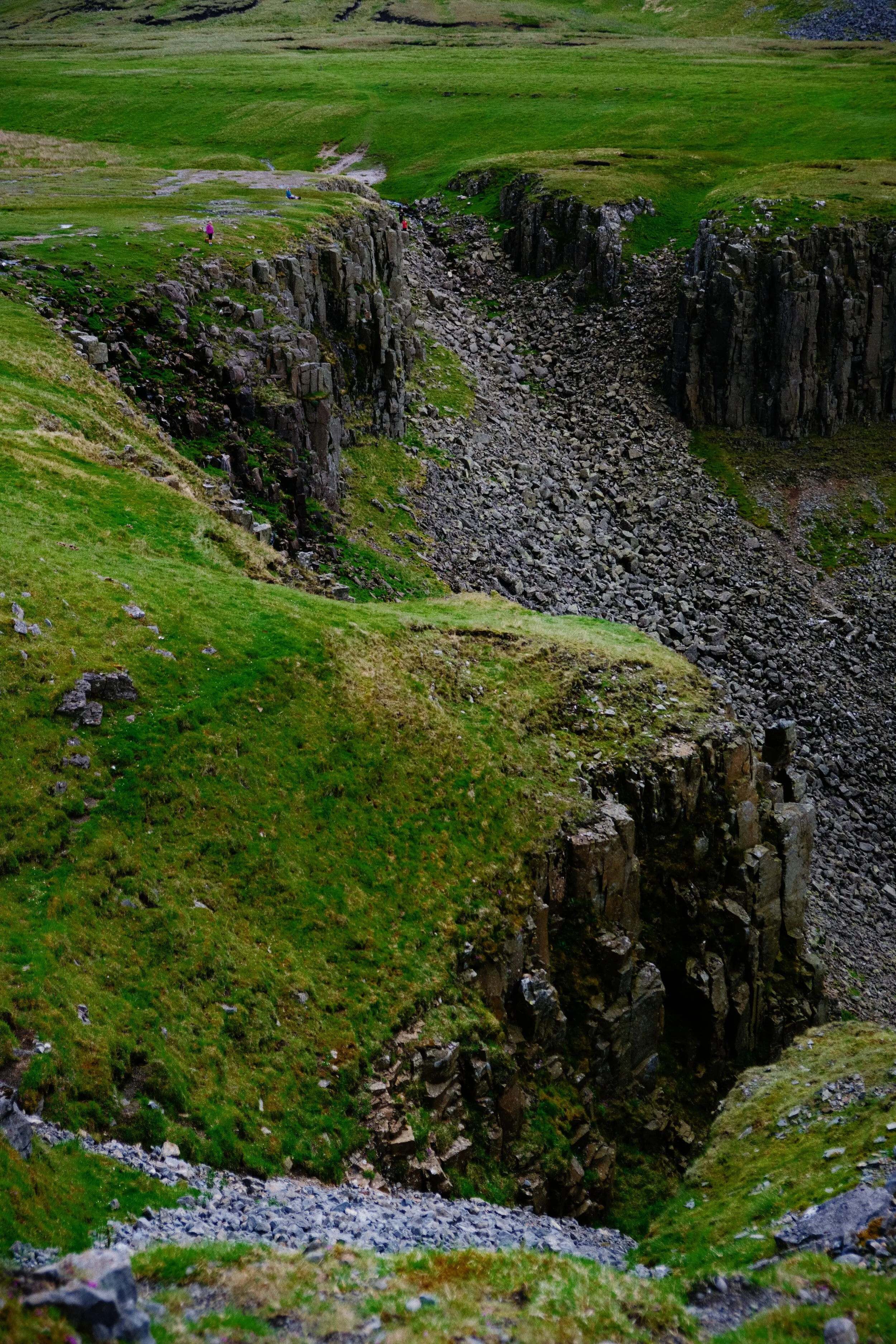  We&rsquo;re not the only ones here. Hikers wander and rest by the head of High Cup Nick, enjoying the sights and views. 