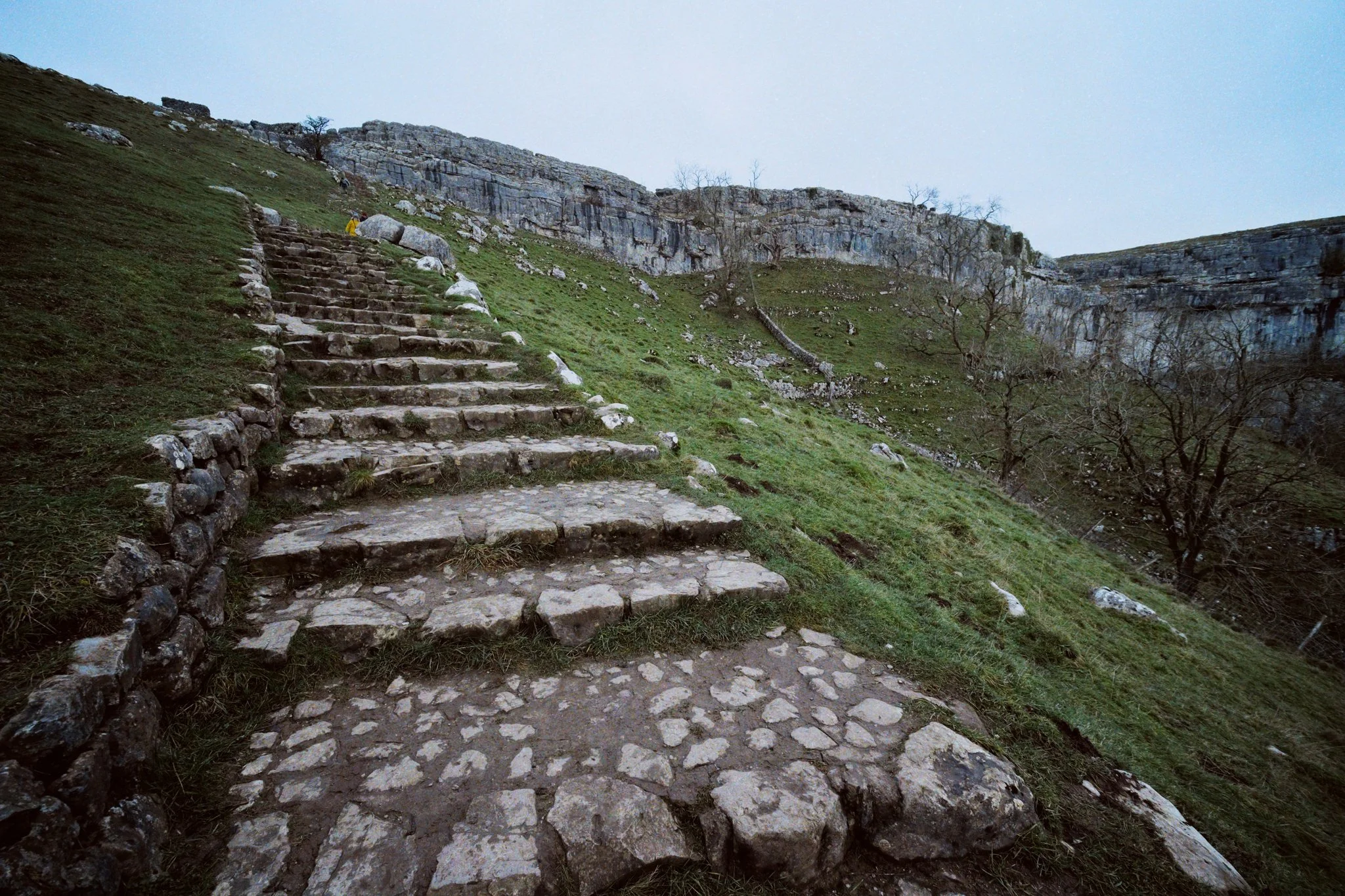  After gawping at the sheer verticality of Malham Cove we skirted around its western flank and started the long ascent up the steps towards the top of the Cove. 