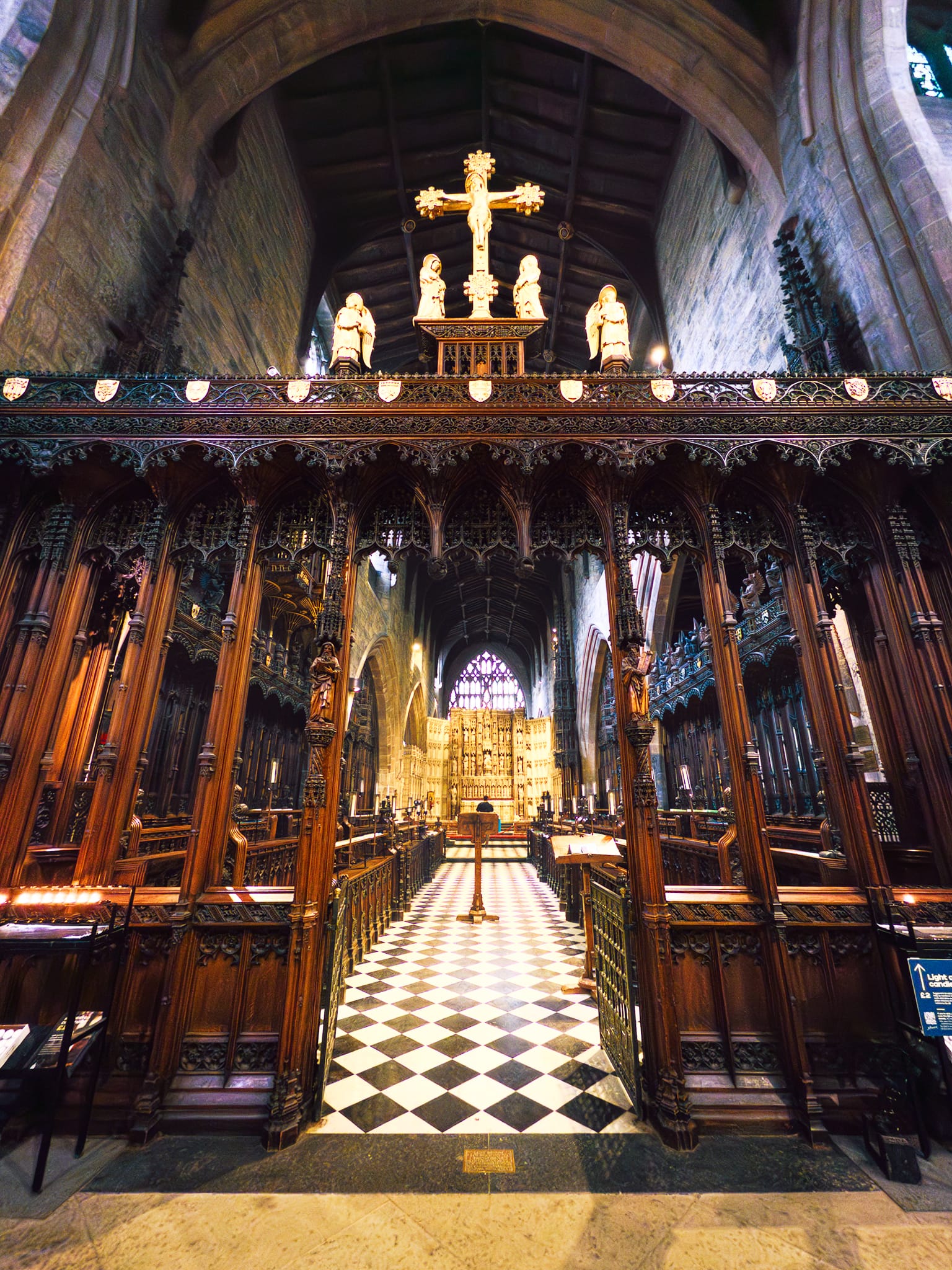 Looking through the cathedral&rsquo;s Quire and its wooden screen towards the High Altar.