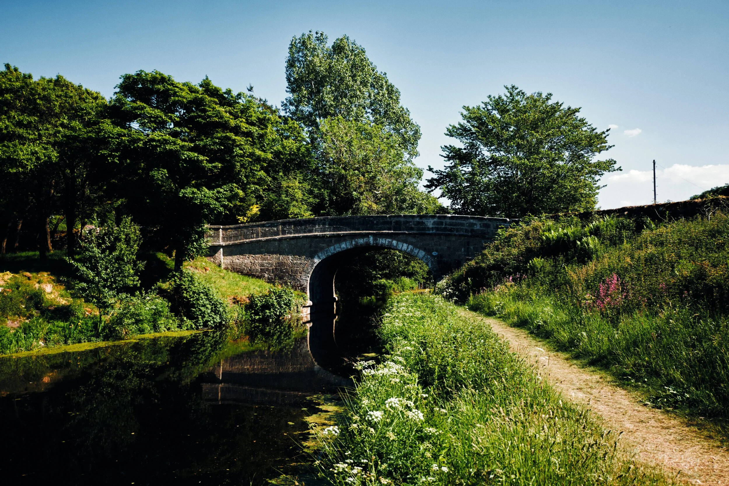  Looking back on Crooklands Bridge (Nº 166), which carries the B6385 over it. Another scorching hot day with barely any wind means very low water levels in the canal and pristine reflections. 