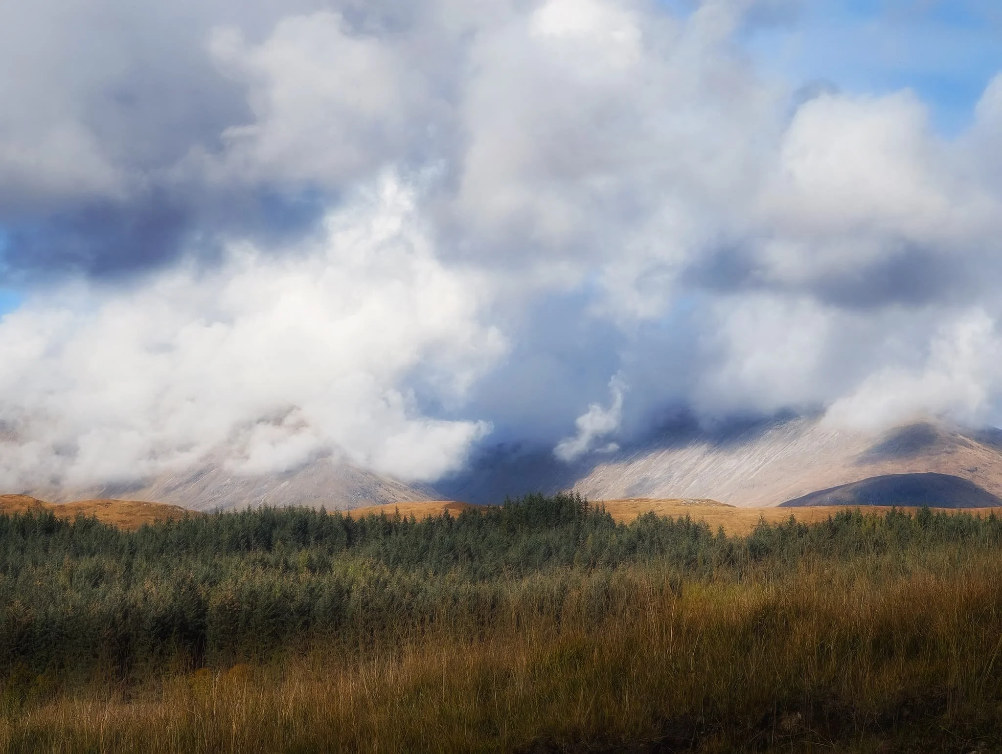From the viewpoint above Loch Tulla , the eastern peaks of the Black Mount range were wrestling with the clouds, a scene I just had to try and capture.