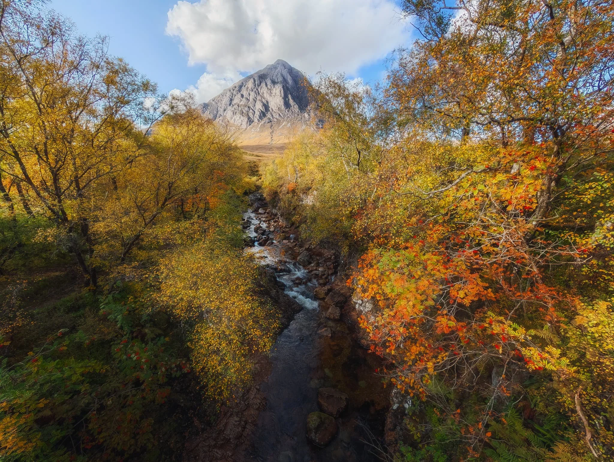 Beyond Rannoch Moor and the myriad of lochs, we stopped at an unmissable place on the way towards Glencoe. This is the River Coupall, which has gouged out a gorge lined with incredible autumn foliage. In the distance is the impossibly perfect peak of Buachaille Etive Mòr (1,021.4 m/3,351 ft).
