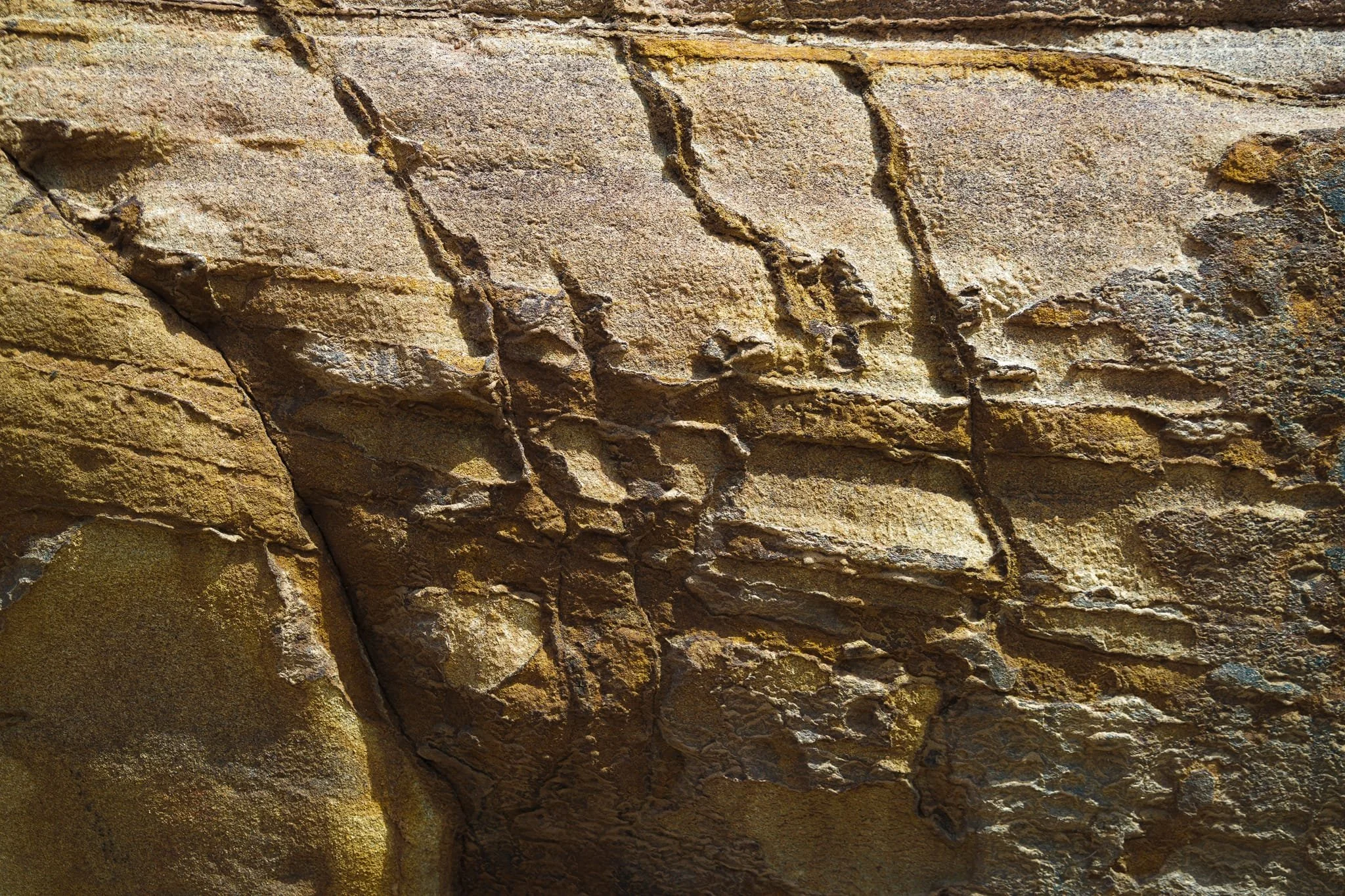  You&rsquo;re looking at Carboniferous braided-river sand dunes—iron-stained, cross-bedded sandstone—resting atop a drowned limestone sea-floor and later undercut by Pleistocene meltwater. A stone time-capsule of shifting swamp, sea and river environments. 