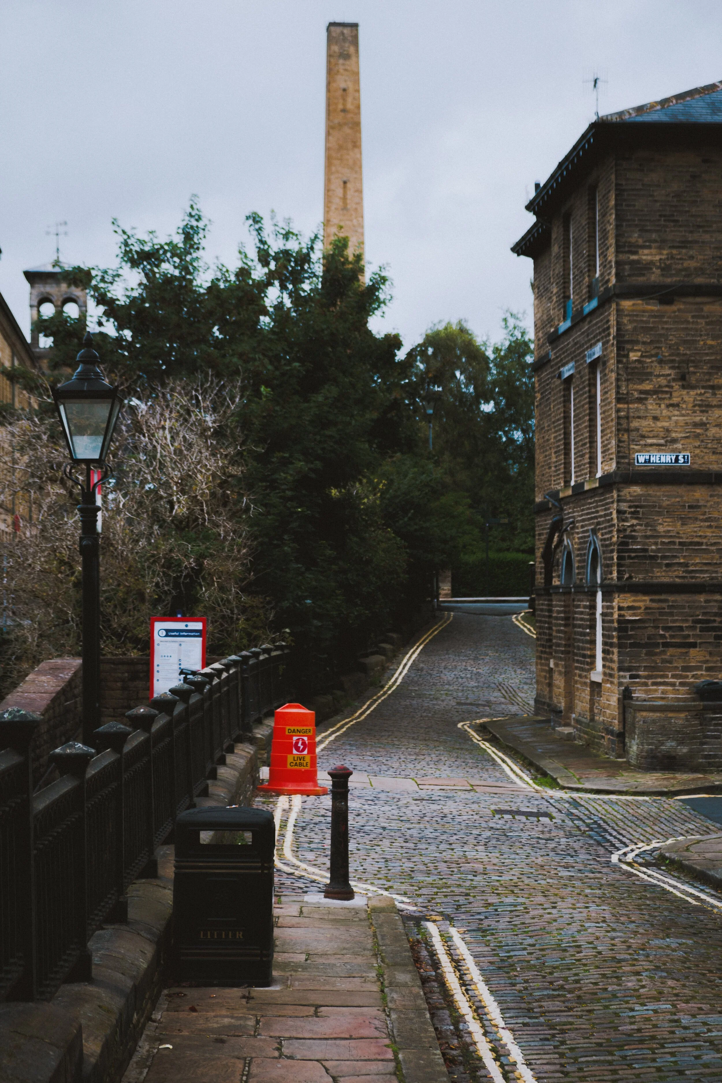 The view south on Albert Terrace, with Salts Mill chimney looming in the distance. I would imagine living here in the mid-1800s that seeing the chimney was a constant reminder of your place and purpose.