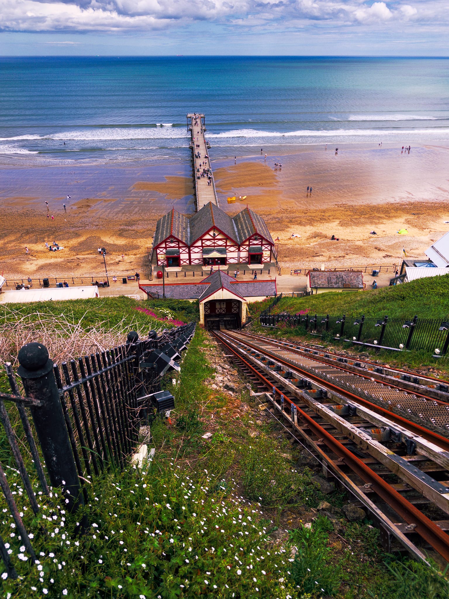 Unfortunately the Saltburn Cliff Lift was out of commission, having two of its cars repaired. But that did mean we could enjoy teh view all the way down its tracks to the beach and the pier.