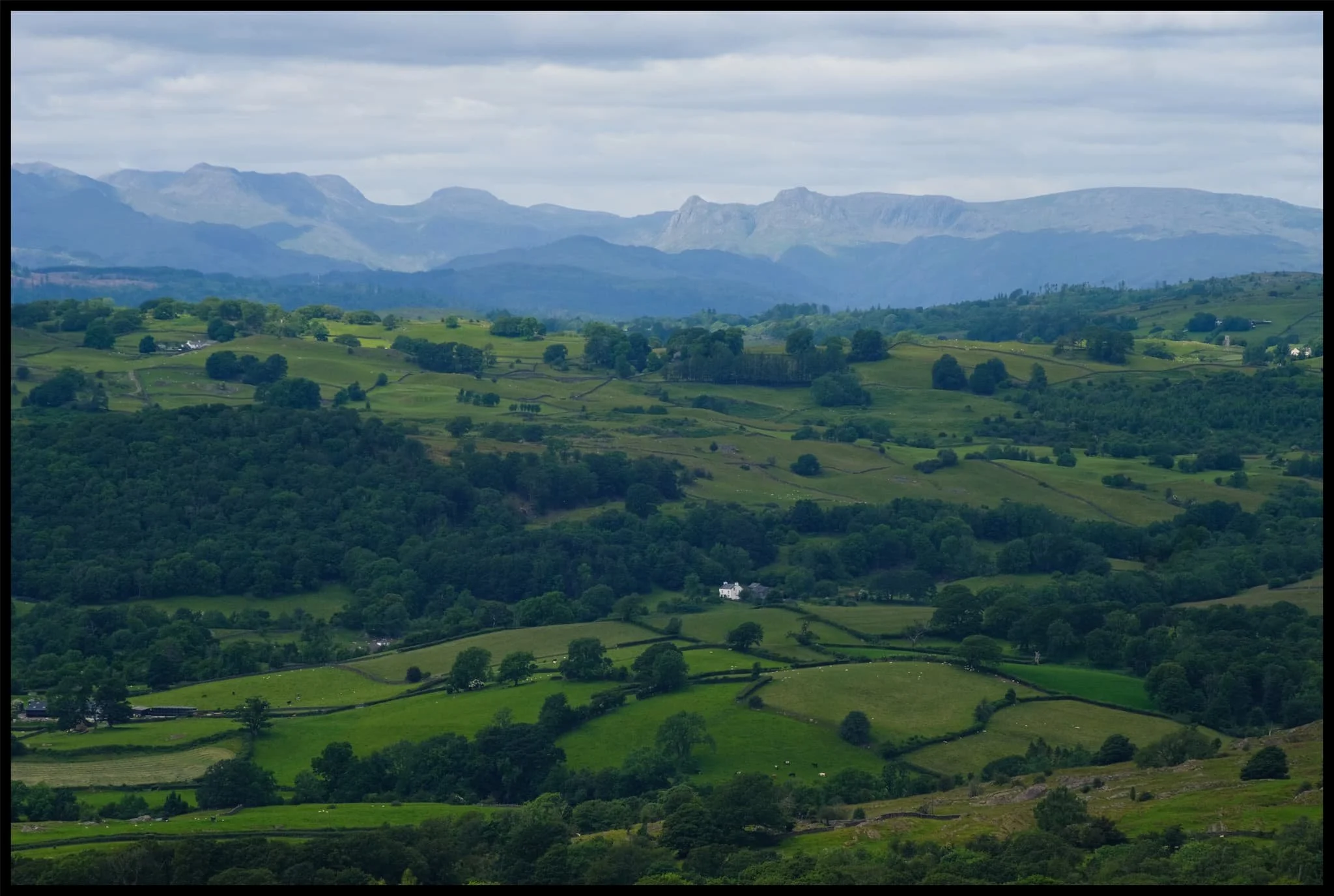  A lone white cottage in the Lyth Valley, with the unmistakeable shape of the Langdale Pikes above. 