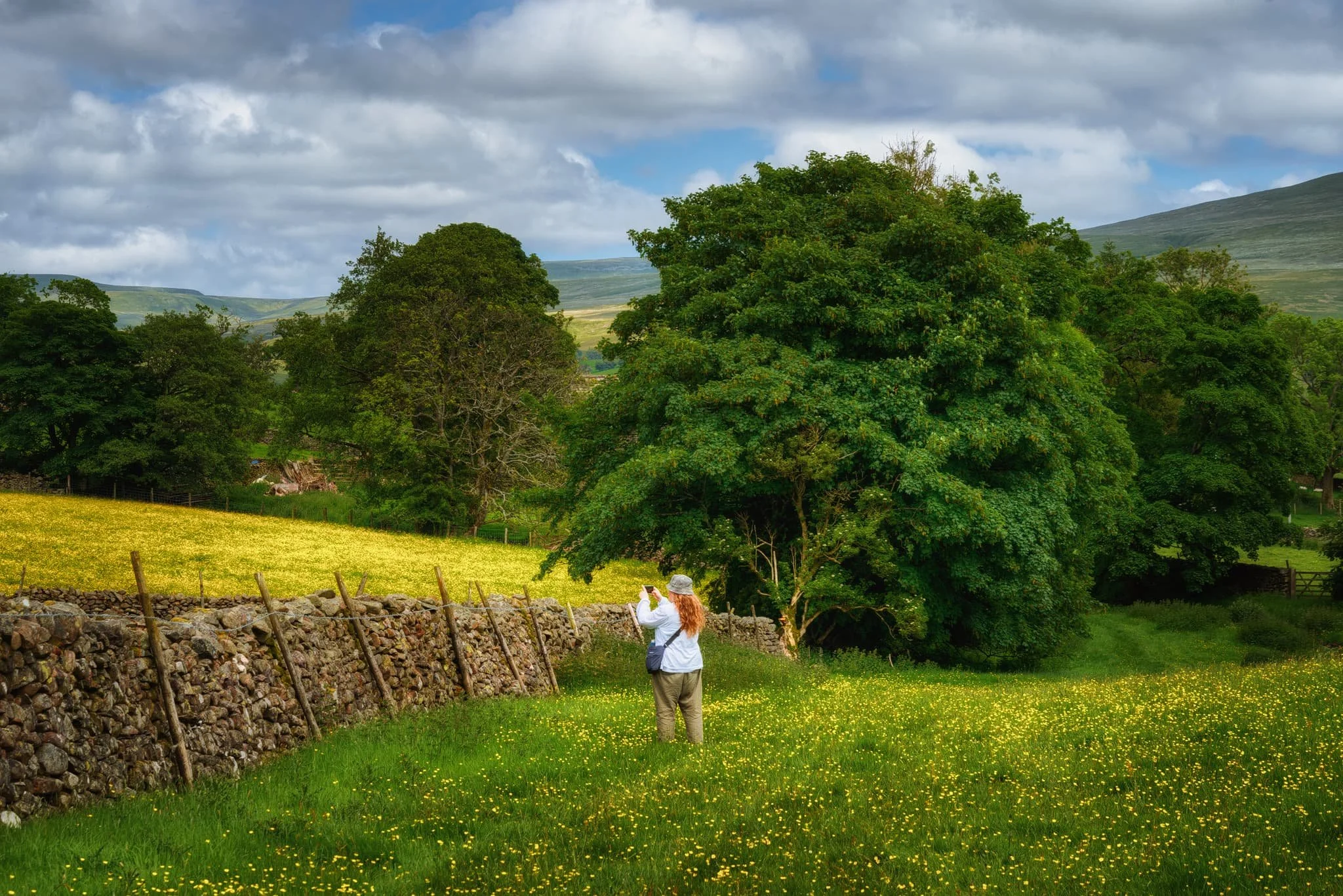  Between Stone Hall and Ellerthwaite, the wildflower meadows just got better and better. One particular field was absolutely chock full of them. I nabbed a shot of Lisabet admiring the buttercup fields, a timeless scene. 