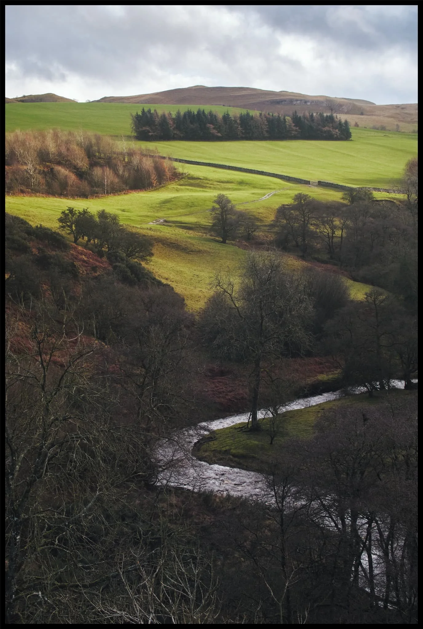  Looking the other way from Podgill Viaduct. The bare trees allow the shape of the meandering beck to be more visible, making a stronger leading line towards the hills. 