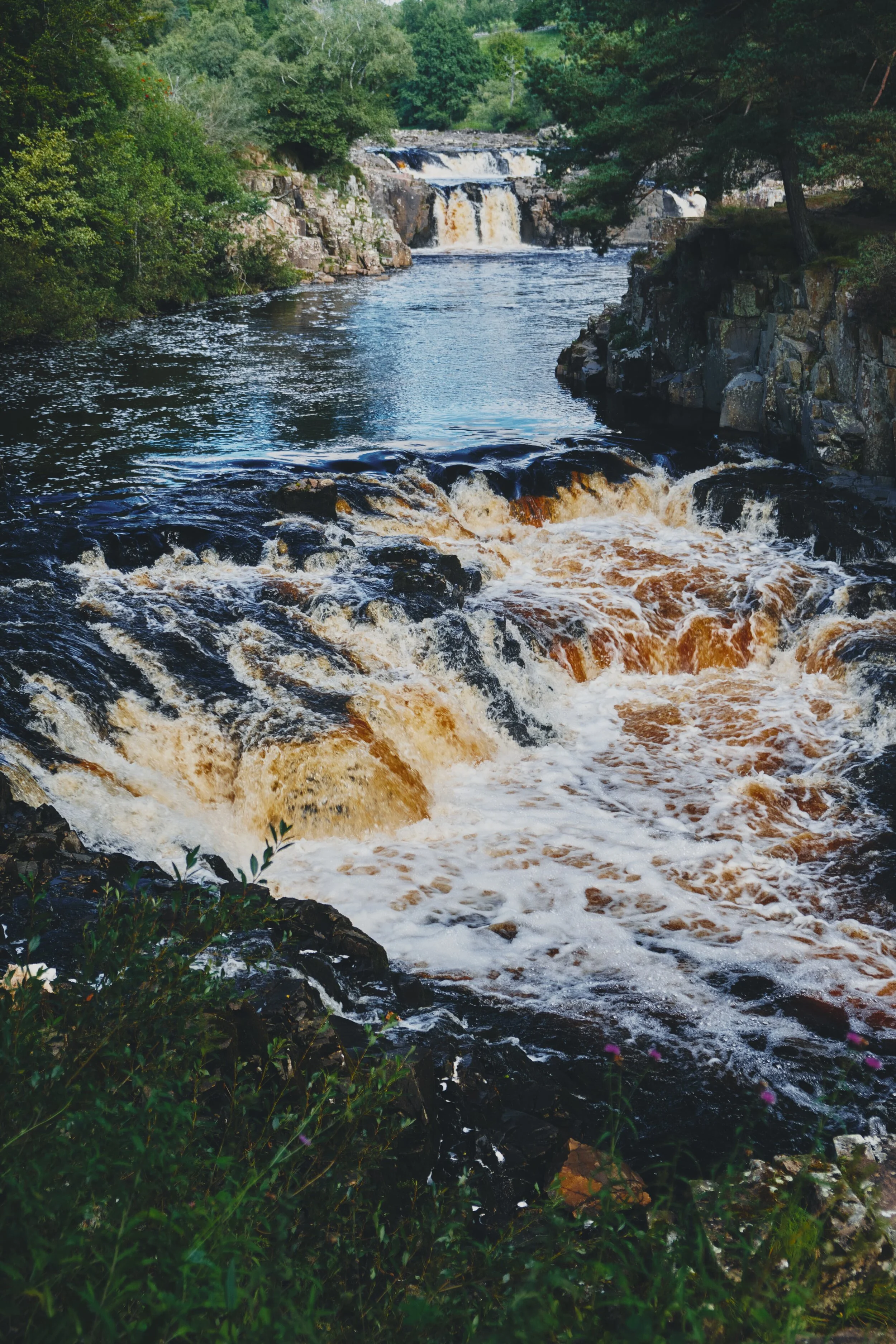 After crossing Wynch Bridge (carefully, it’s a suspension bridge built in the 1830s), you can catch site of another set of cascades with Low Force in the distance.