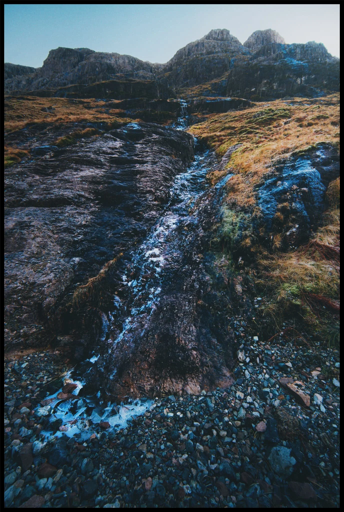  Despite the incredible sight of the snowy peaks at the head of the Lost Valley, directly above you Beinn Fhada&rsquo;s crags lean peerlessly over you, reminding you of just how small you are. 