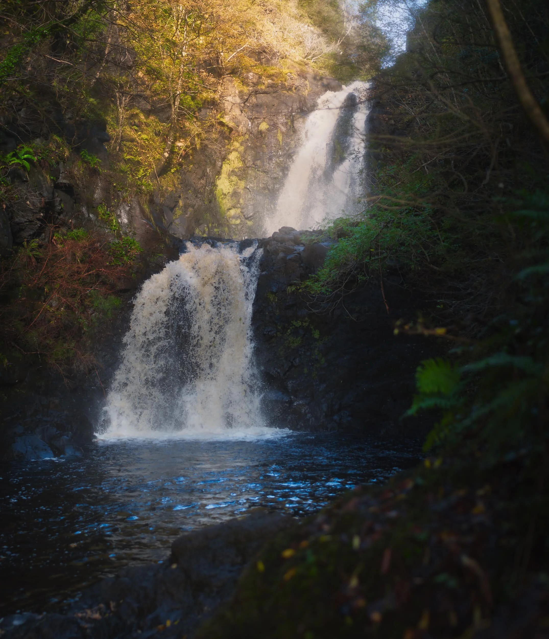  One of our &ldquo;bookmarks&rdquo; for October 2020&rsquo;s Skye holiday was the Falls of Rha. These are a pair of powerful waterfalls located near Uig, north Skye. The falls are found in a wooded glen—relatively rare on Skye—and are almost disappointingly easy to get to. Nevertheless, they are an impressive site. 