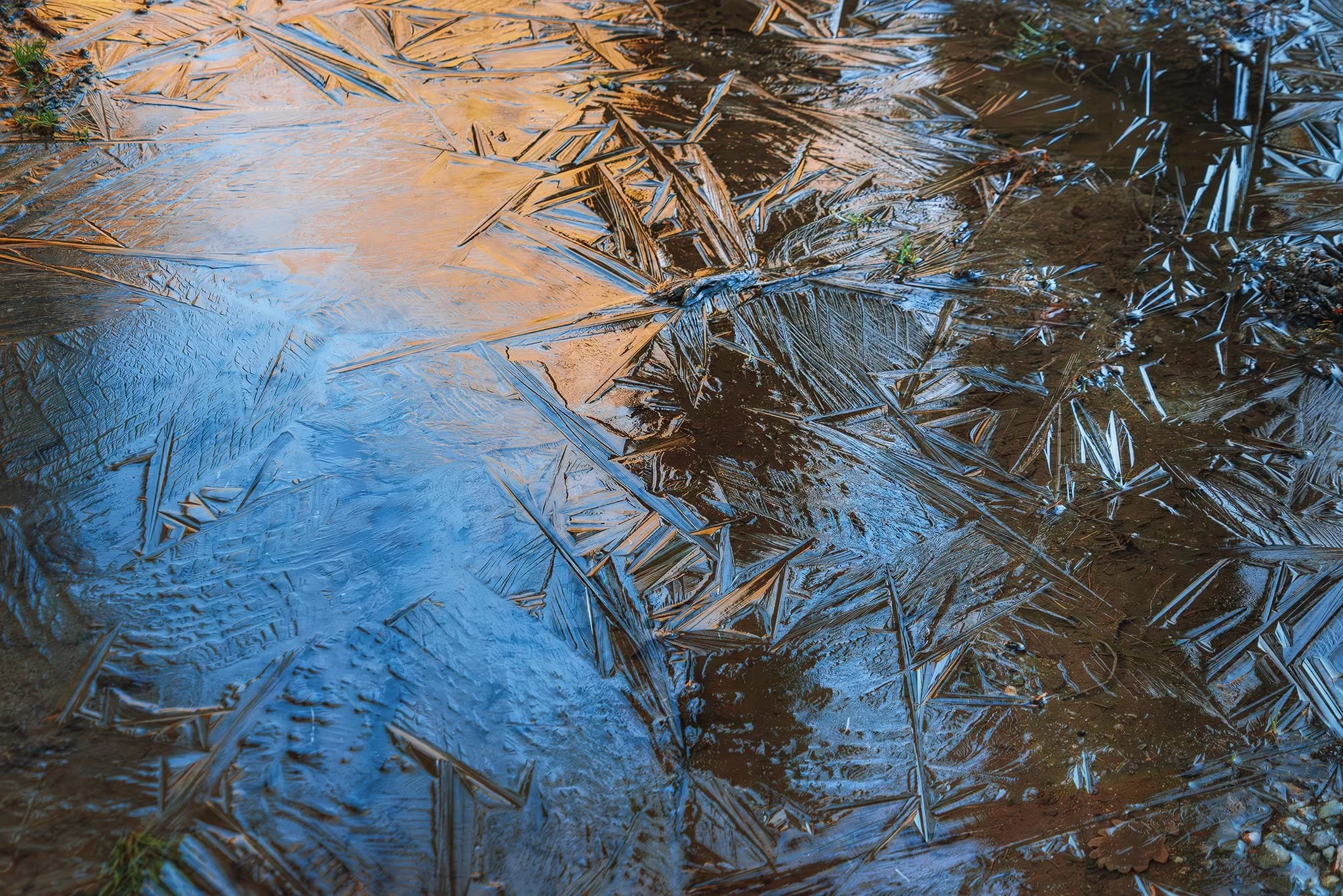  I decided on the Smithy Brow route to Hodge Close Quarry for the day&rsquo;s hike. Not even a few feet into the hike, I find this beautifully crystalline patch of ice reflecting the colours of the sky, fells, and nearby trees. 