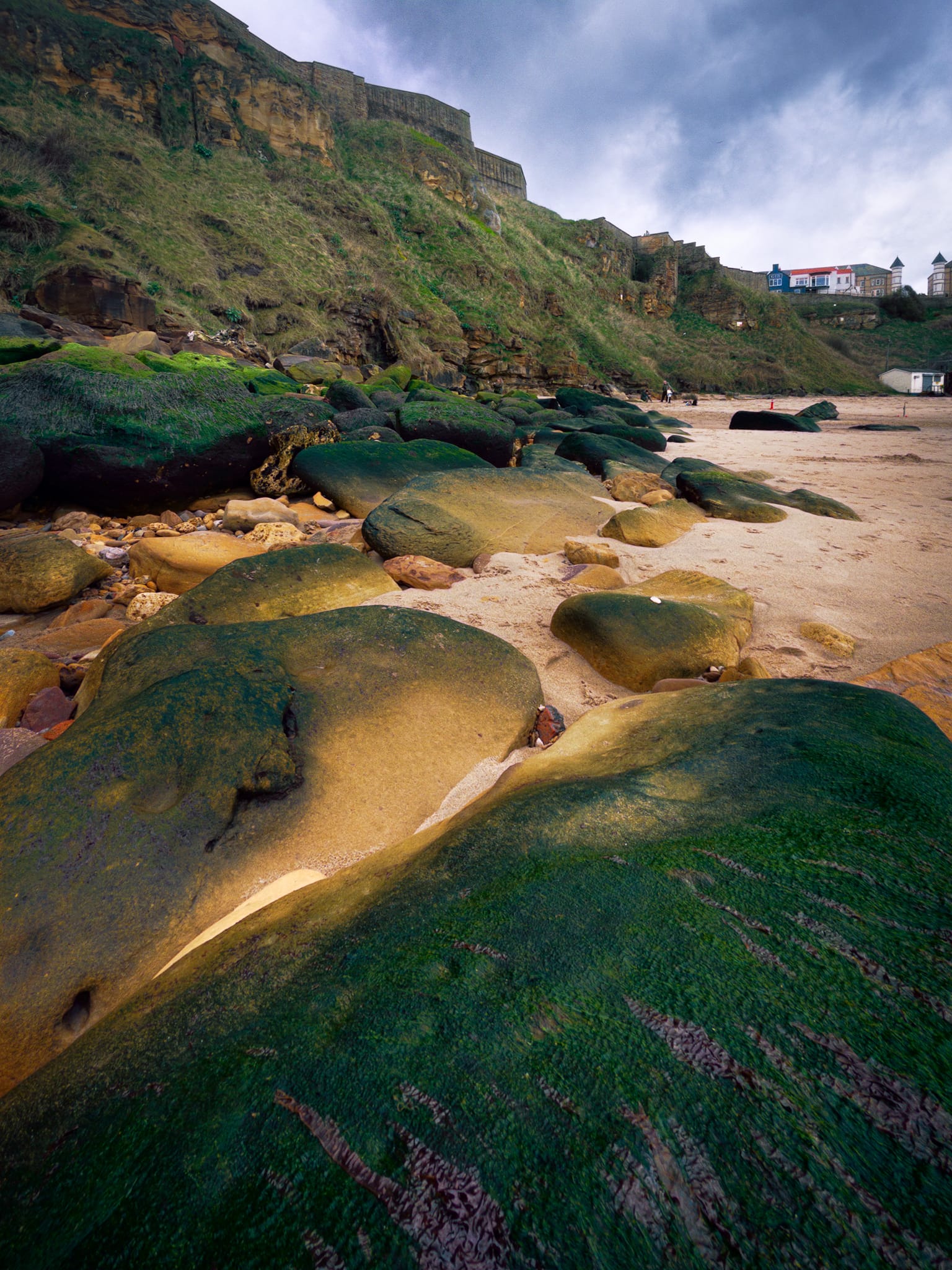 Smoothed sandstone boulders covered in seaweed line the bottom of the cliffs towards the Priory and Tynemouth town beyond.