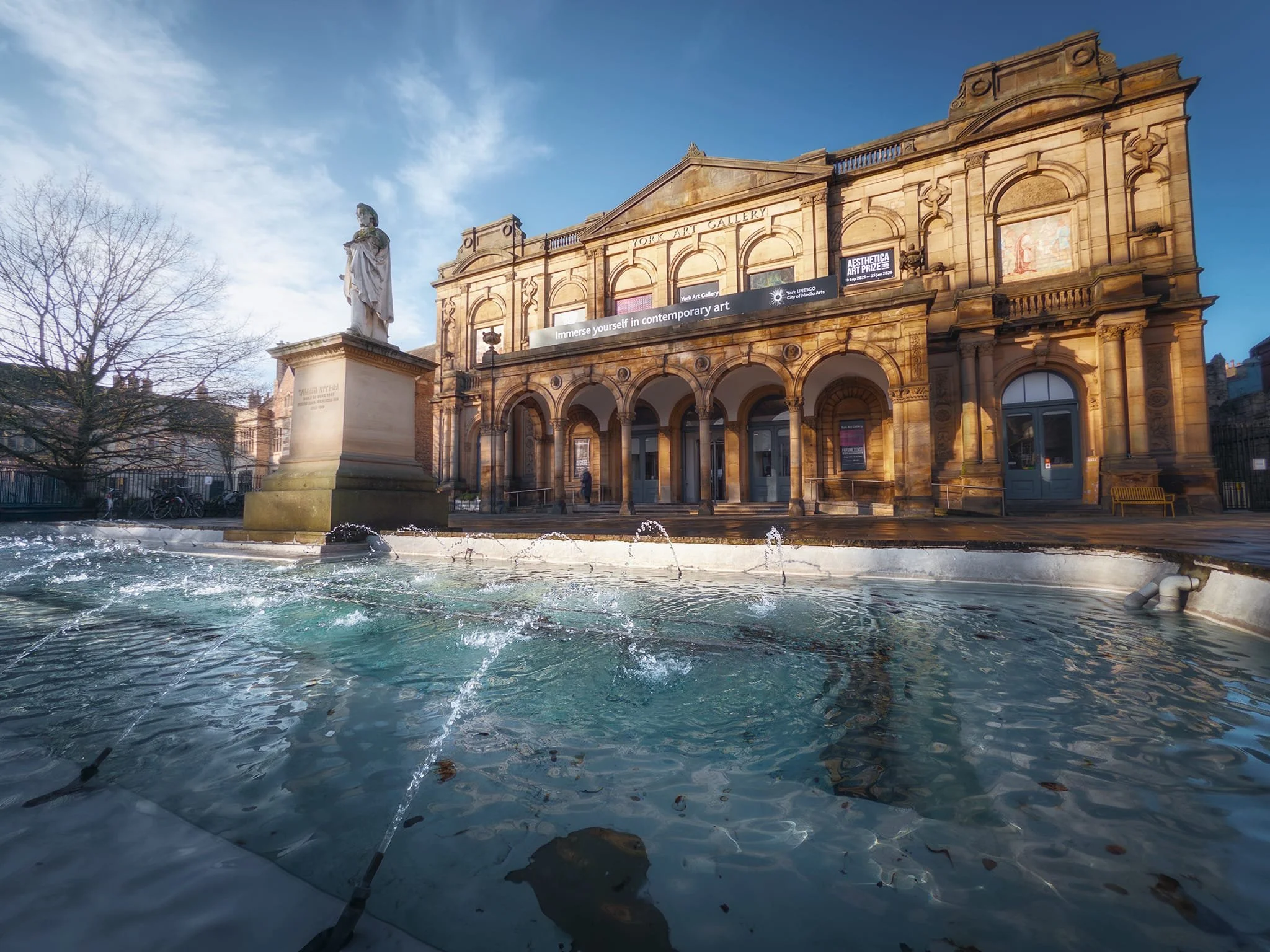 York Art Gallery with the statue of William Etty, a York native. Built between 1878–79 for the Yorkshire Fine Arts and Industrial Institution, the gallery is now home to over 1,000 paintings and more 5,000 pieces of studio pottery.
