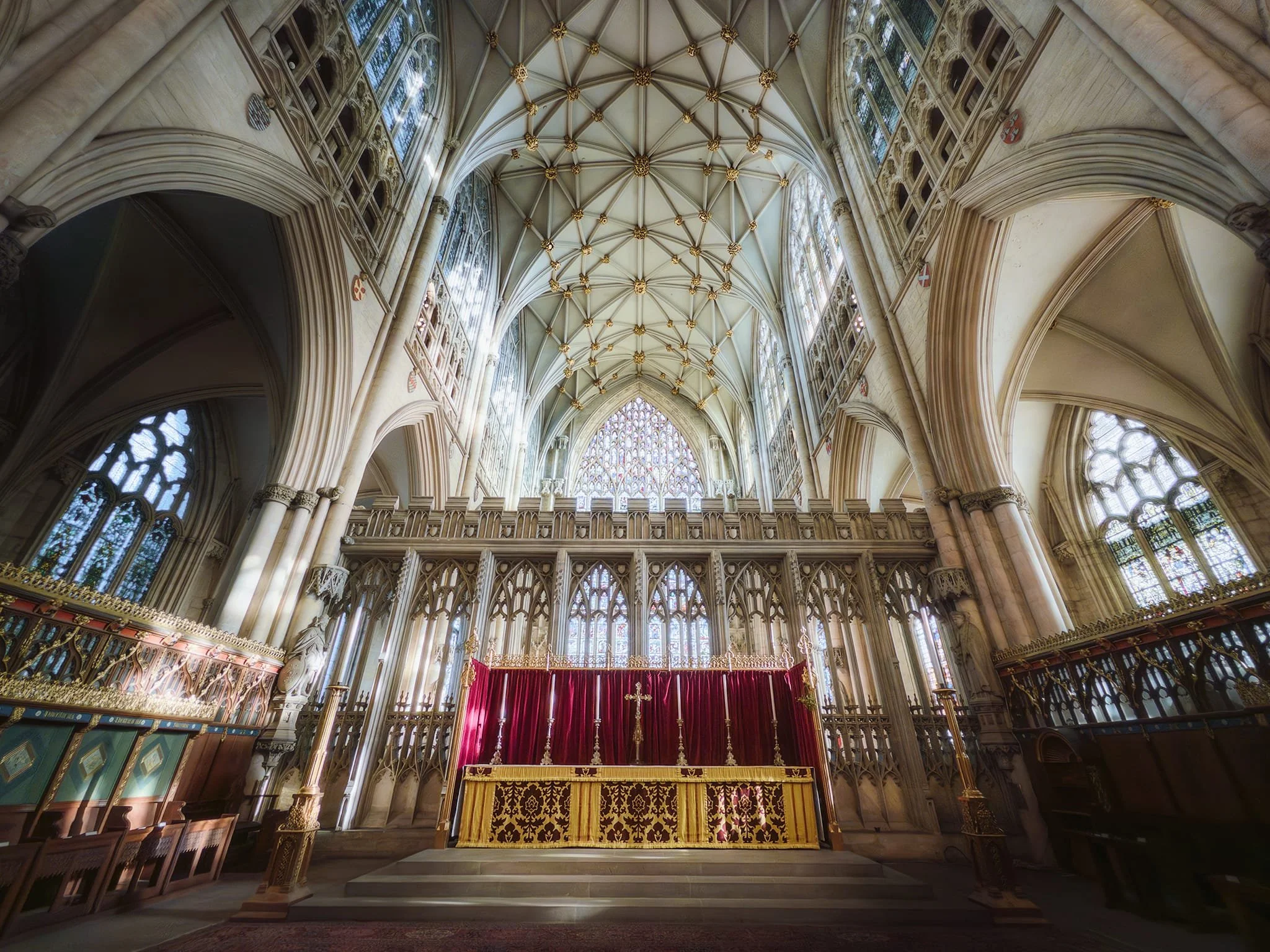 Looking west from the choir towards the ornate choir screen and crossing.