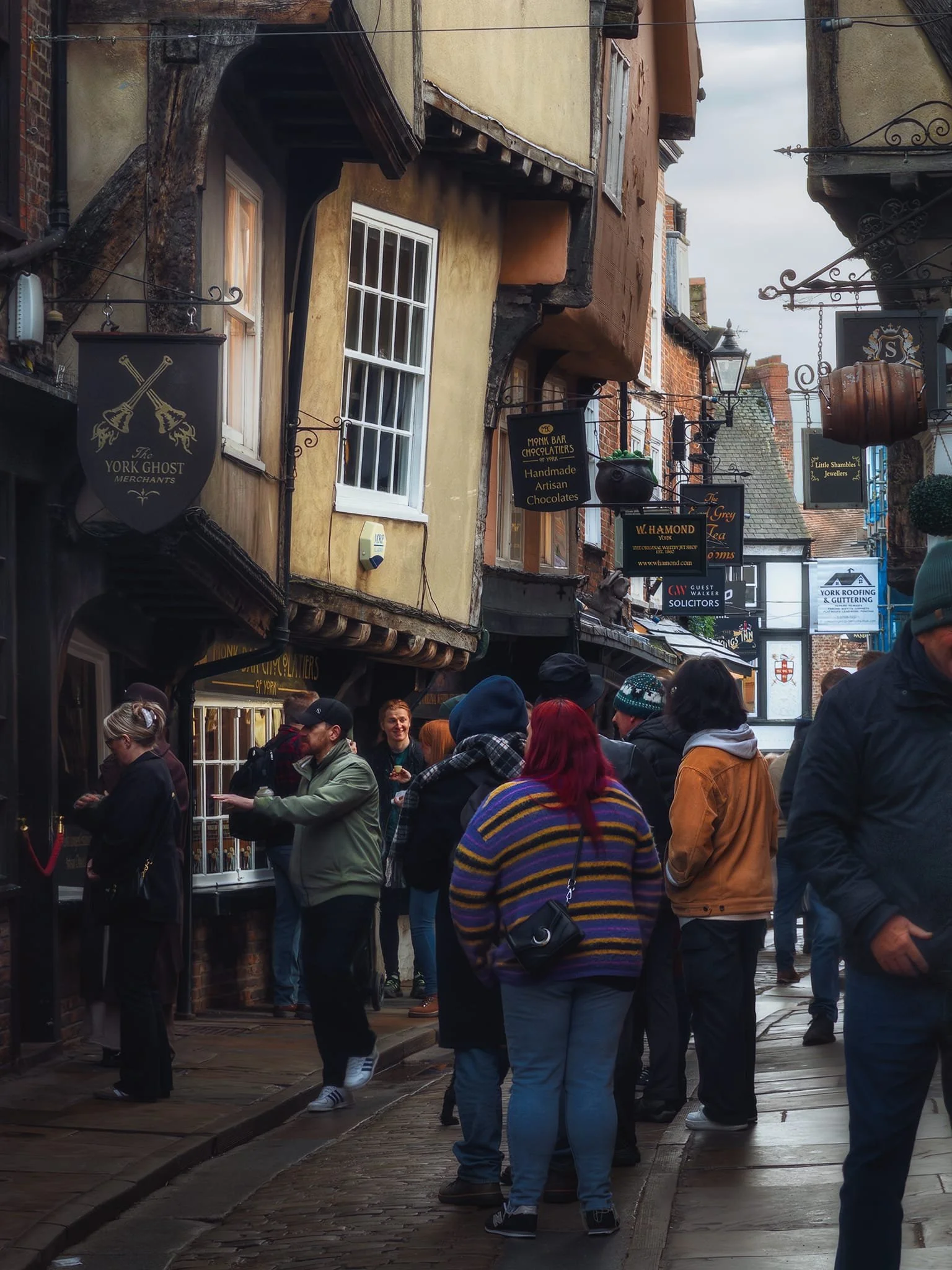 Packed with tourists as ever. The Shambles is one of Britain’s best preserved medieval streets, featuring a cobbled street, timber-framed buildings with overhanging jettied floors.
