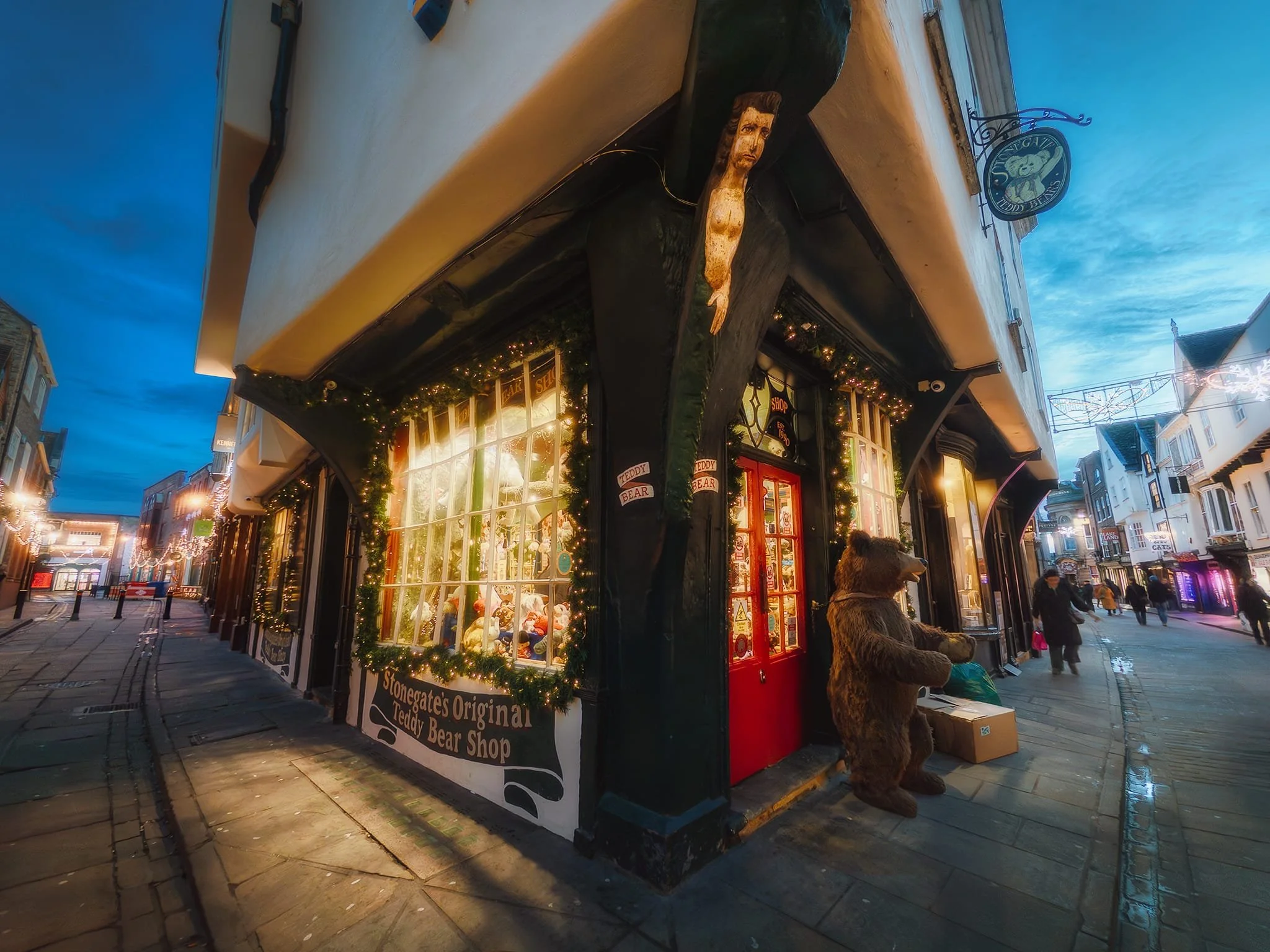 Stonegate’s Original Teddy Bear Shop . The shop is housed in a crooked 15th-century timber-framed building, additionally featuring a 17th-century corner post carving of a mermaid.